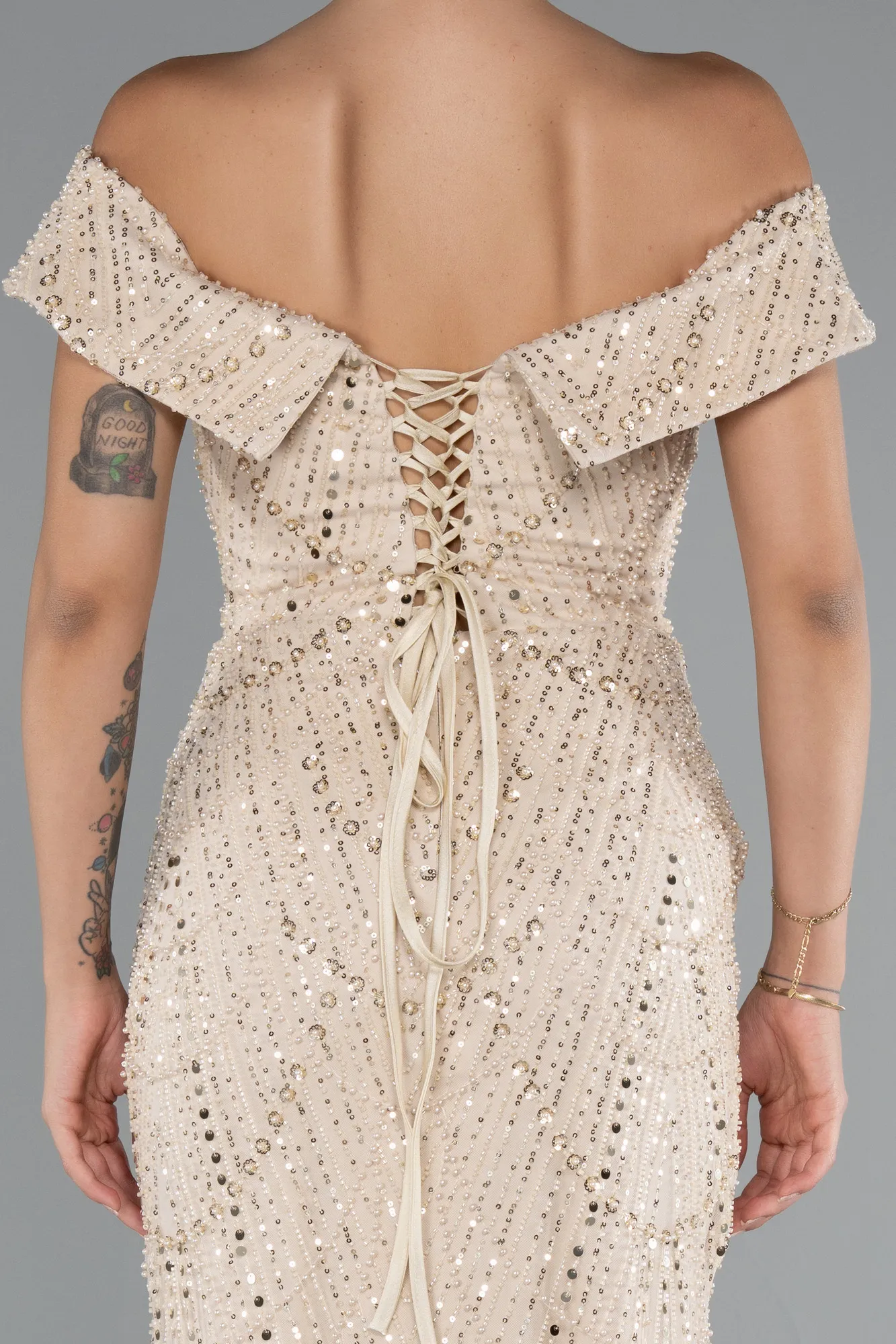 Beige-Long Beaded Evening Dress ABU5137