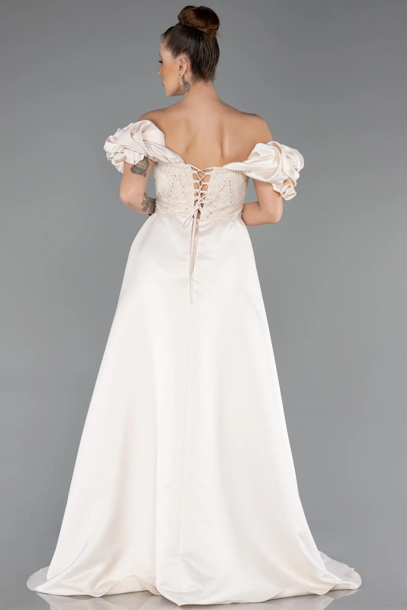 Beige-Long Beaded Evening Dress ABU5154