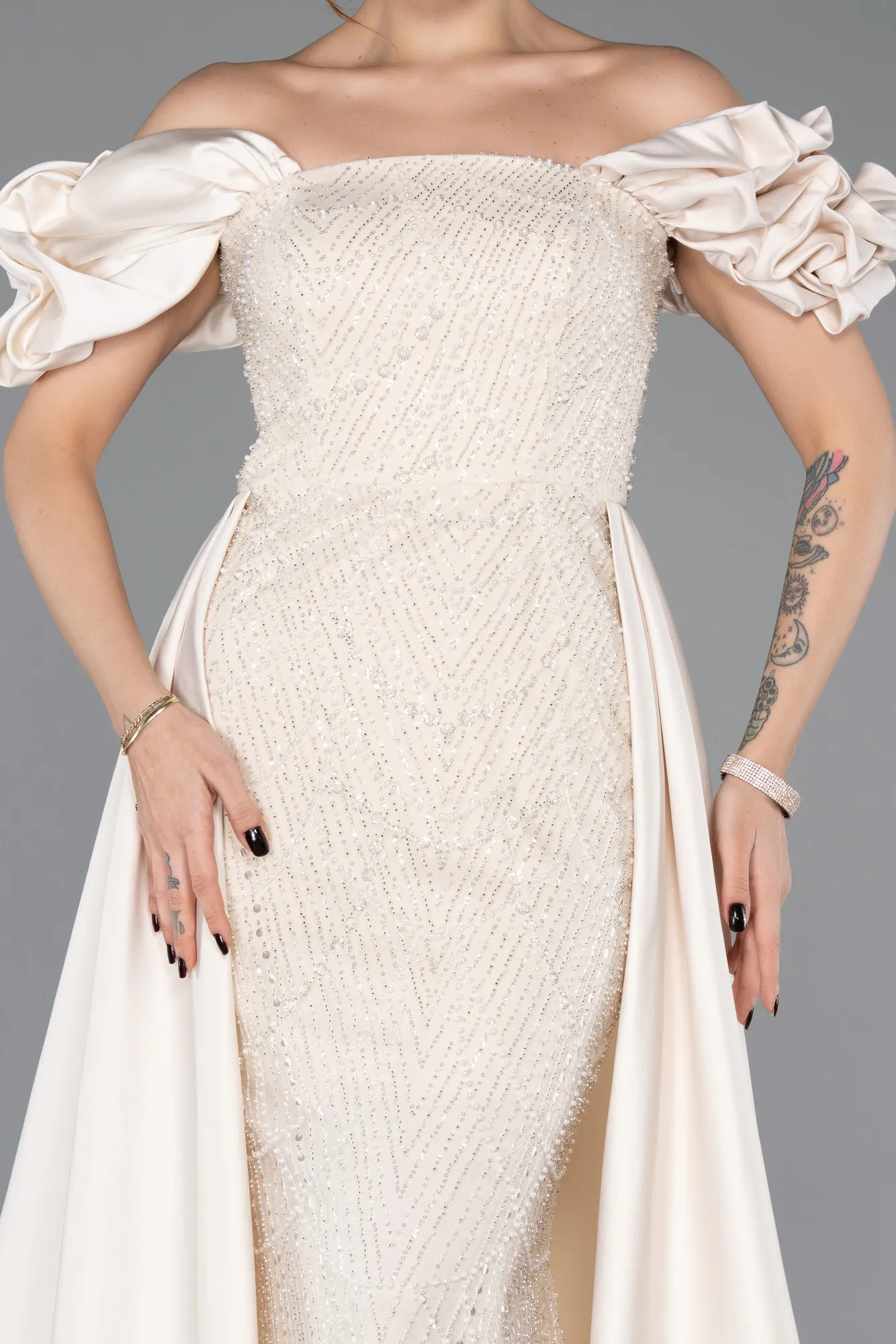 Beige-Long Beaded Evening Dress ABU5154