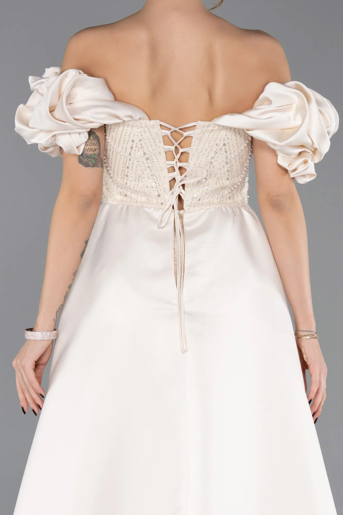 Beige-Long Beaded Evening Dress ABU5154