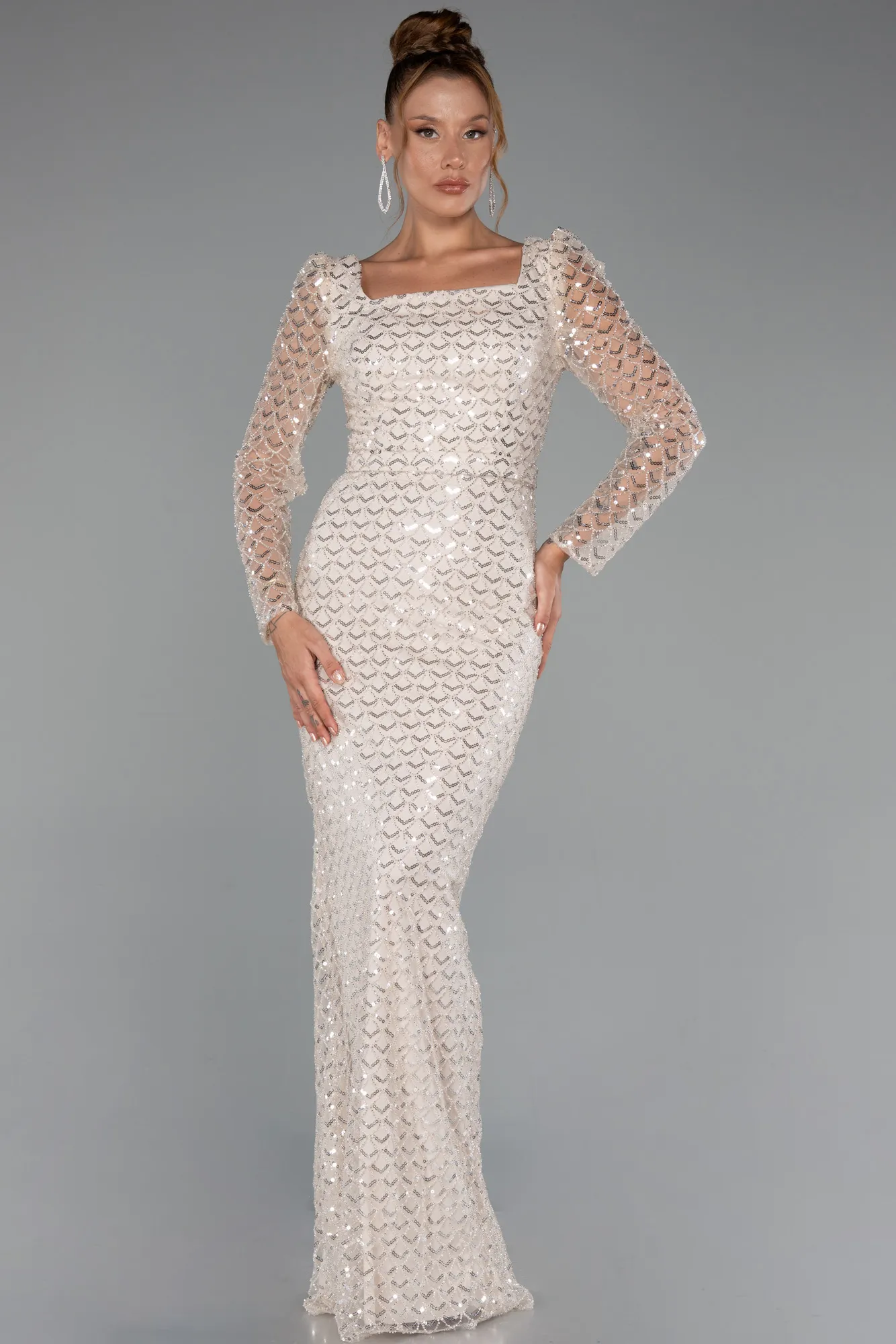 Beige-Long Beaded Evening Dress ABU5165