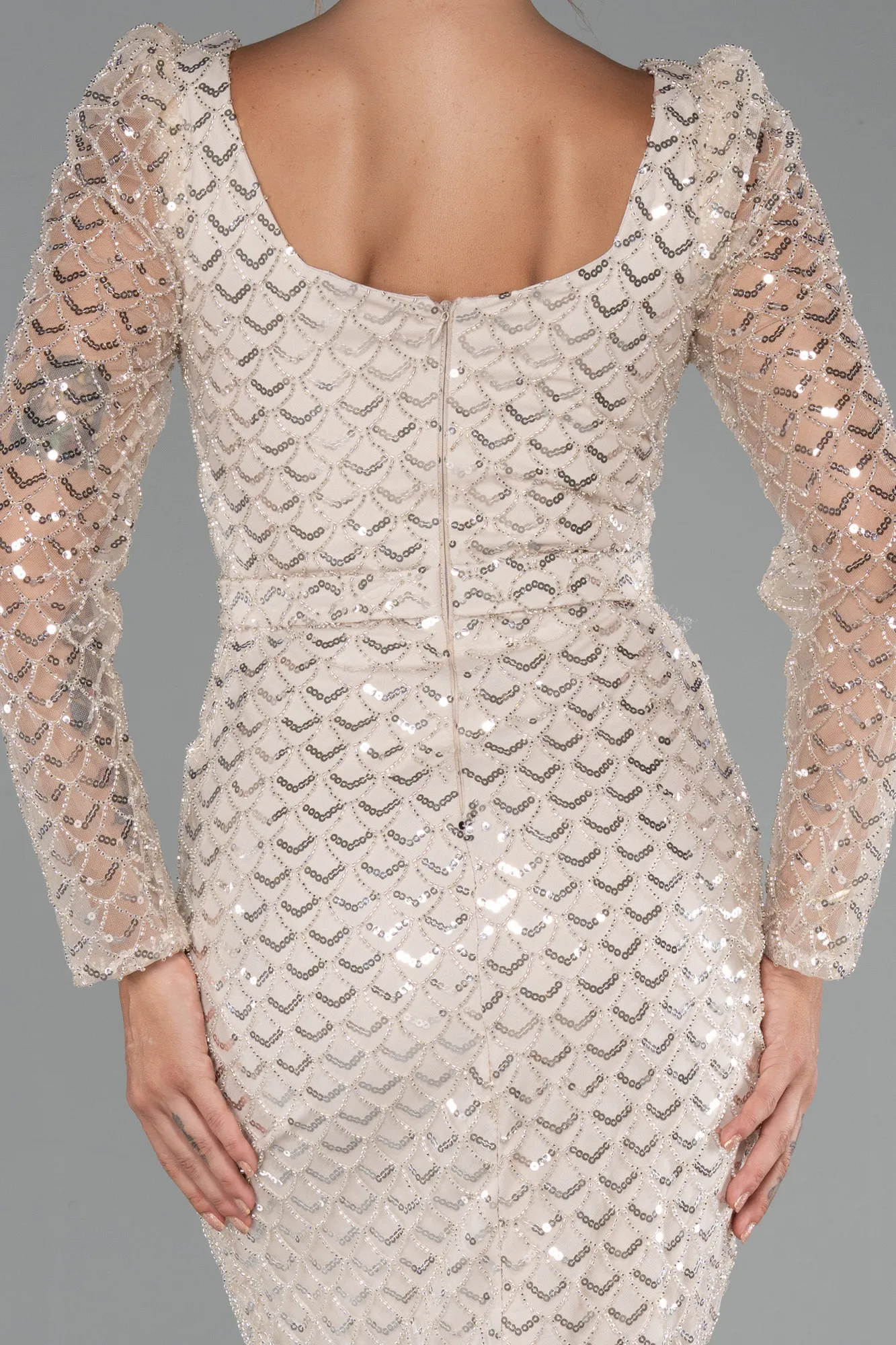 Beige-Long Beaded Evening Dress ABU5165