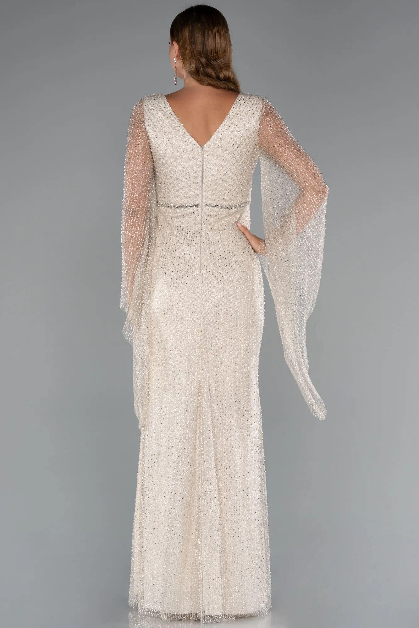 Beige-Long Beaded Evening Dress ABU5230