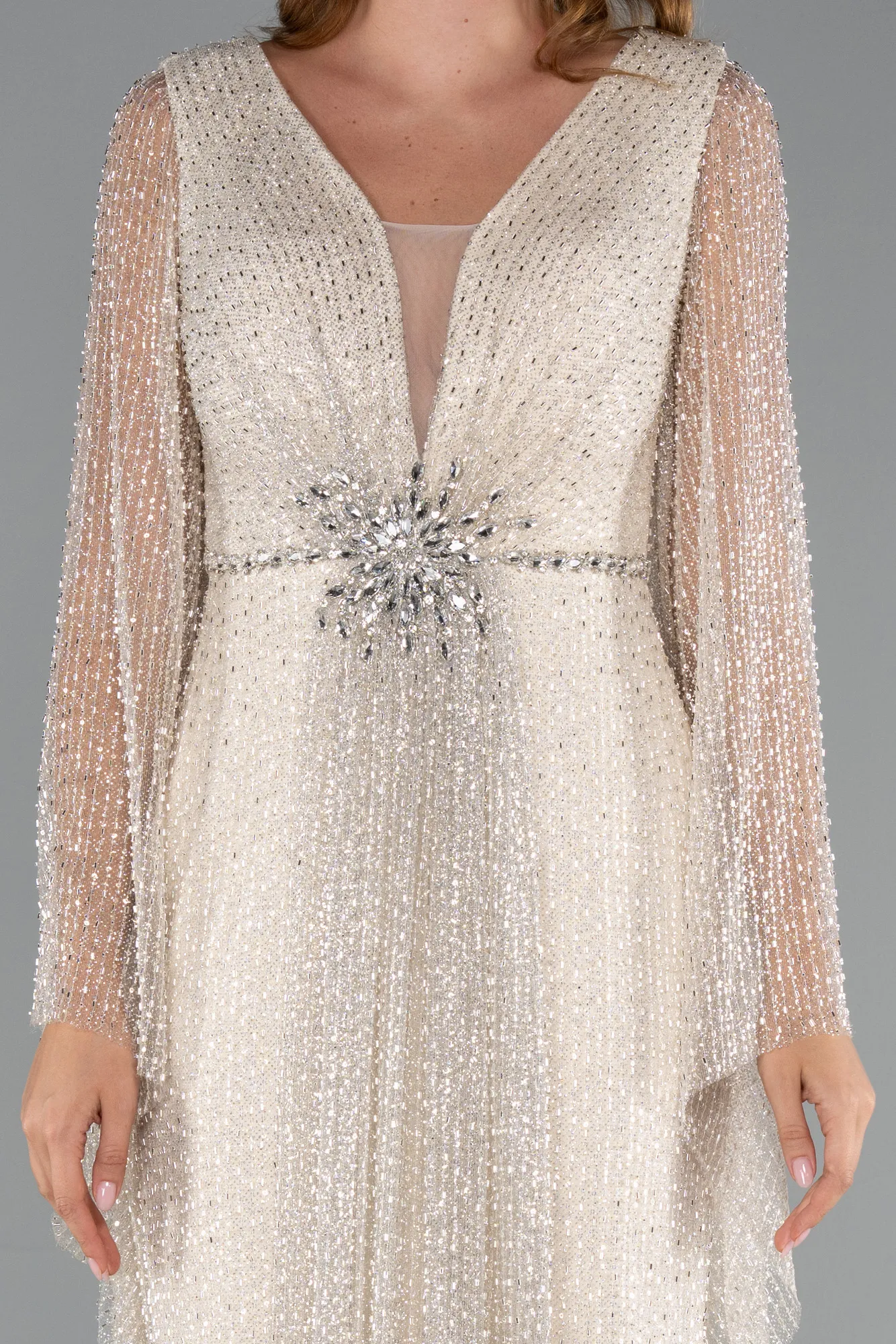 Beige-Long Beaded Evening Dress ABU5230