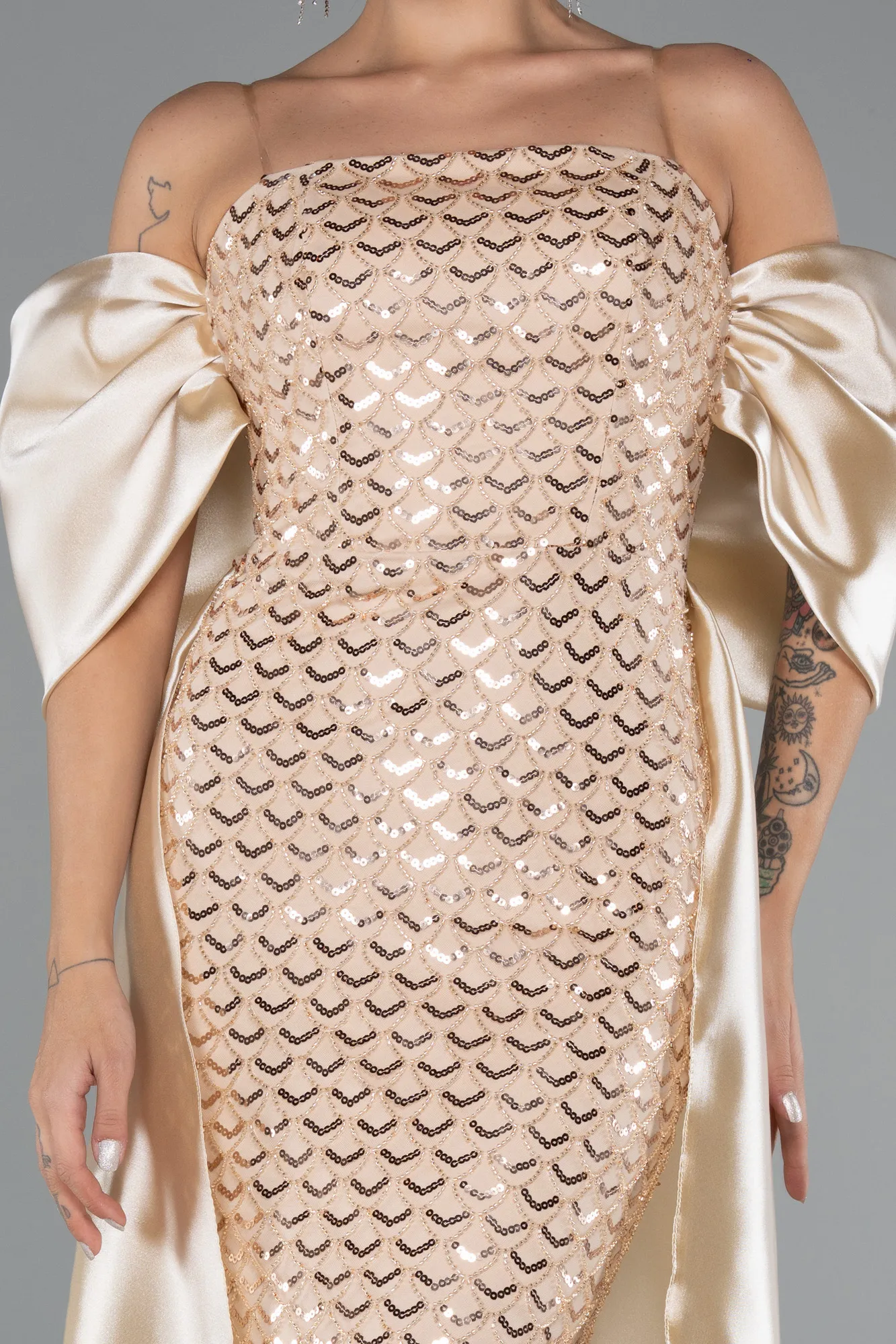 Beige-Long Beaded Evening Dress ABU5234