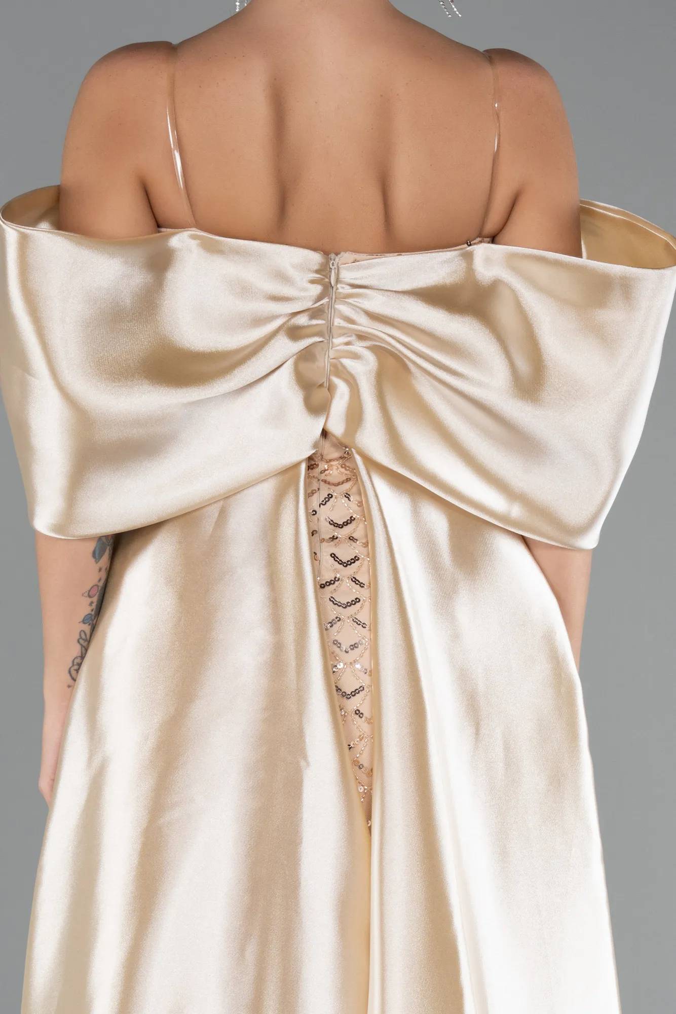 Beige-Long Beaded Evening Dress ABU5234