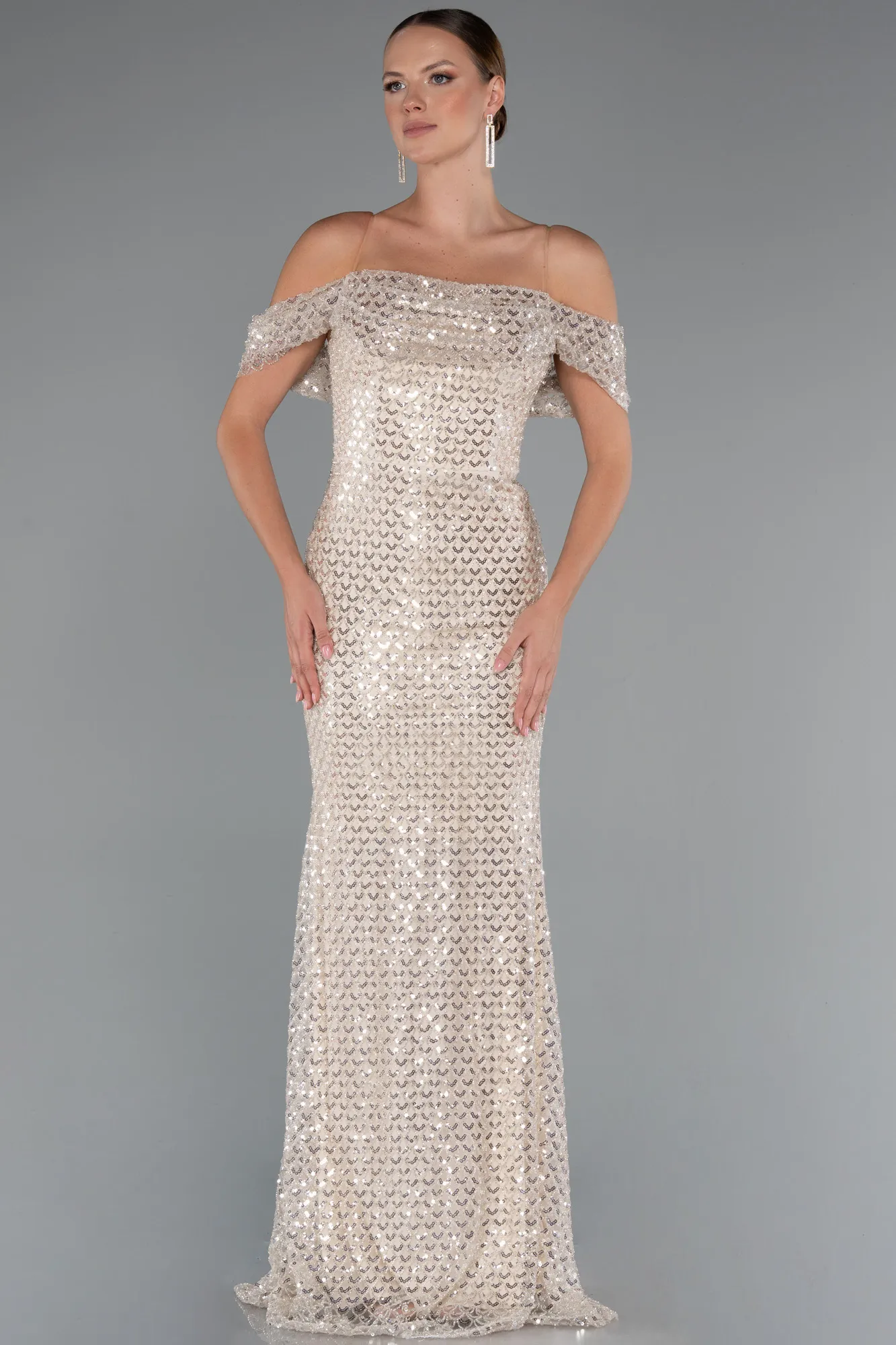 Beige-Long Beaded Evening Dress ABU5239