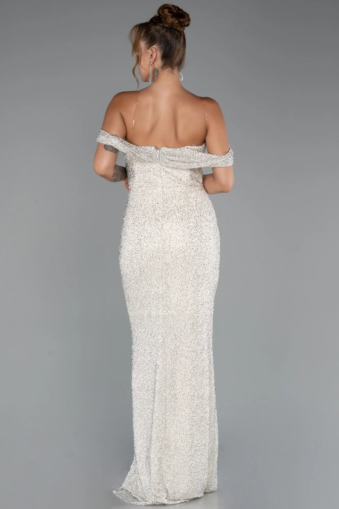 Beige-Long Beaded Evening Dress ABU5285