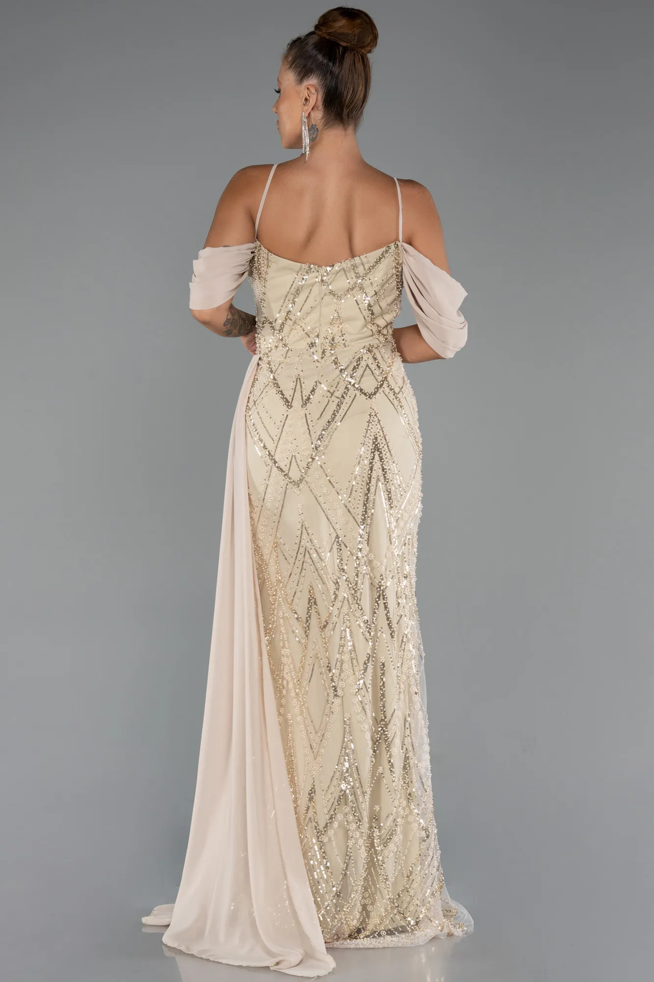 Beige-Long Beaded Evening Dress ABU5316
