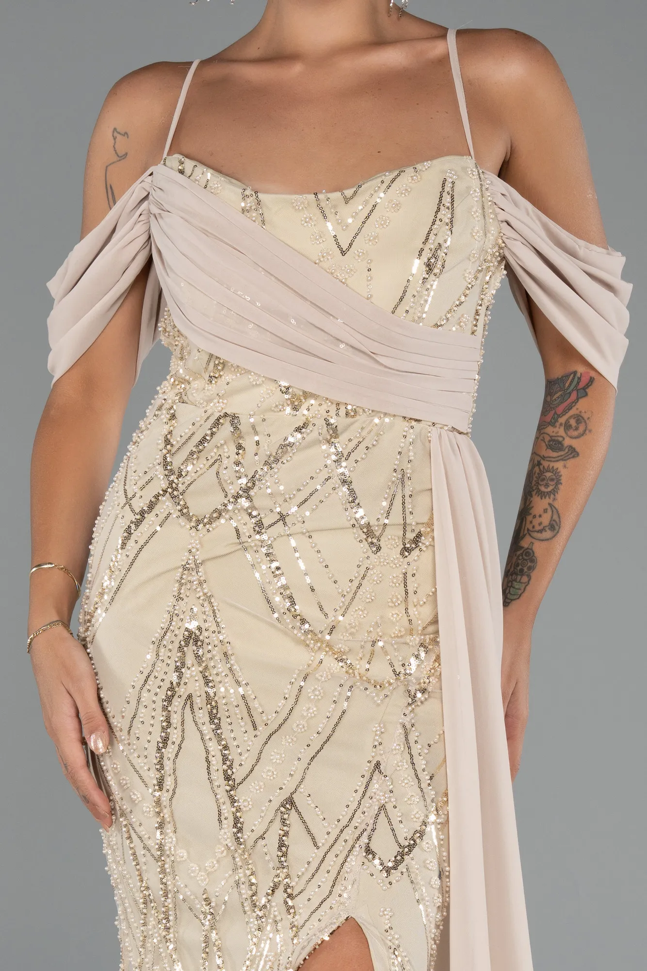 Beige-Long Beaded Evening Dress ABU5316