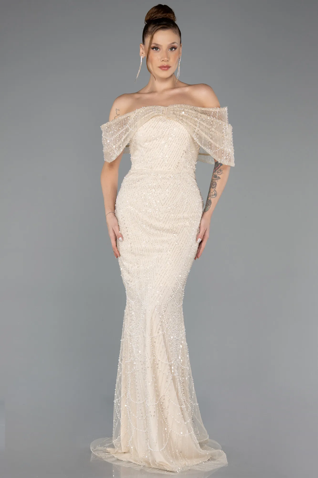 Beige-Long Beaded Evening Dress ABU5371
