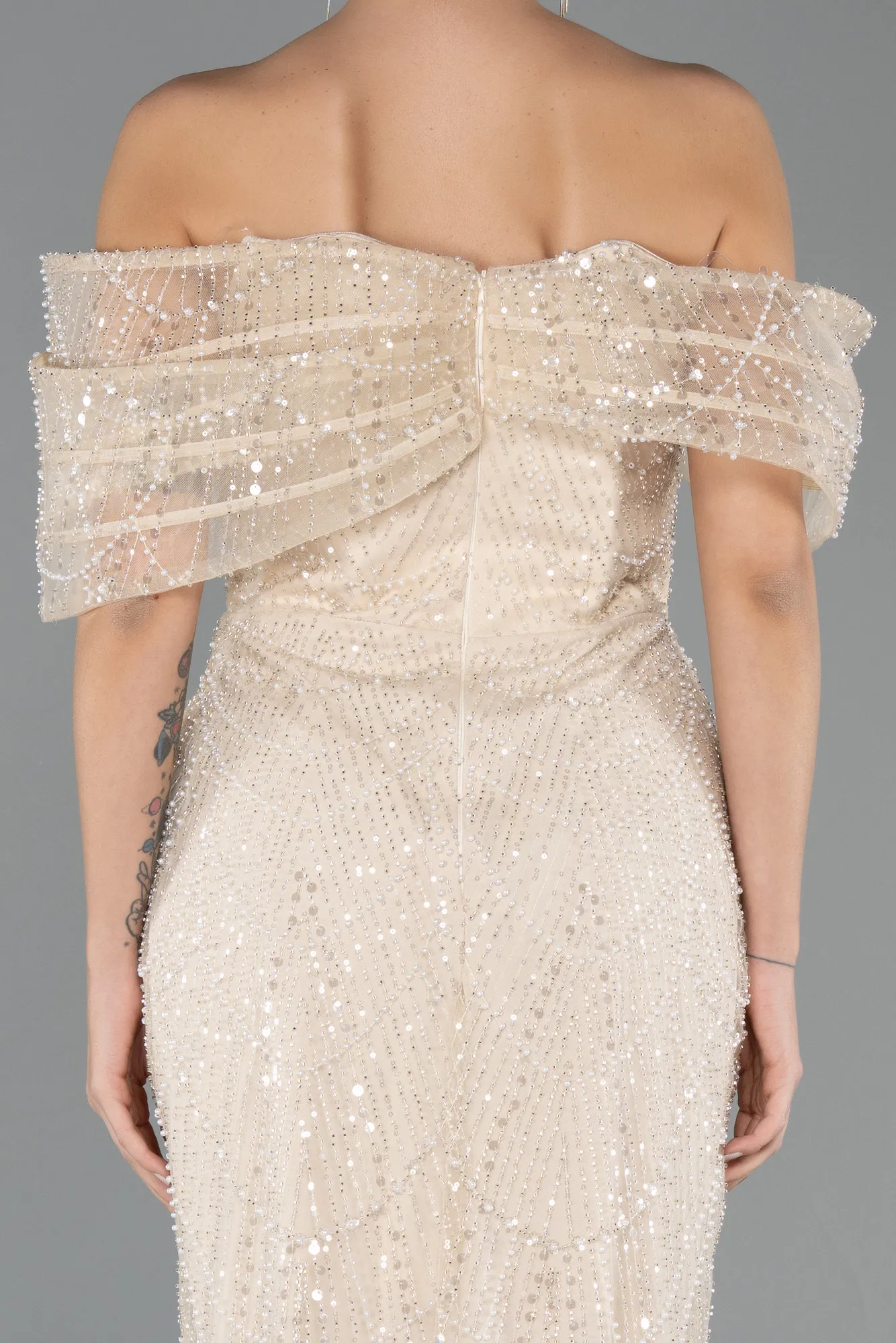 Beige-Long Beaded Evening Dress ABU5371