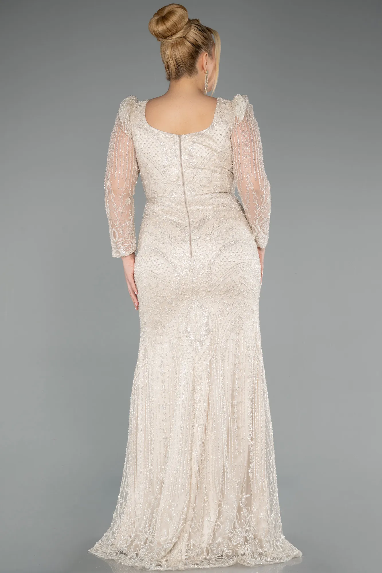 Beige-Long Beaded Evening Dress ABU5387