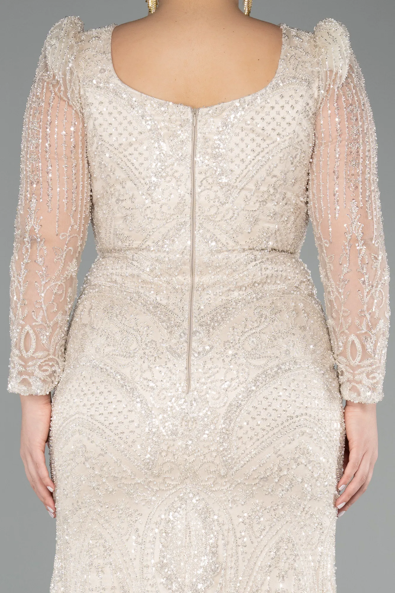 Beige-Long Beaded Evening Dress ABU5387