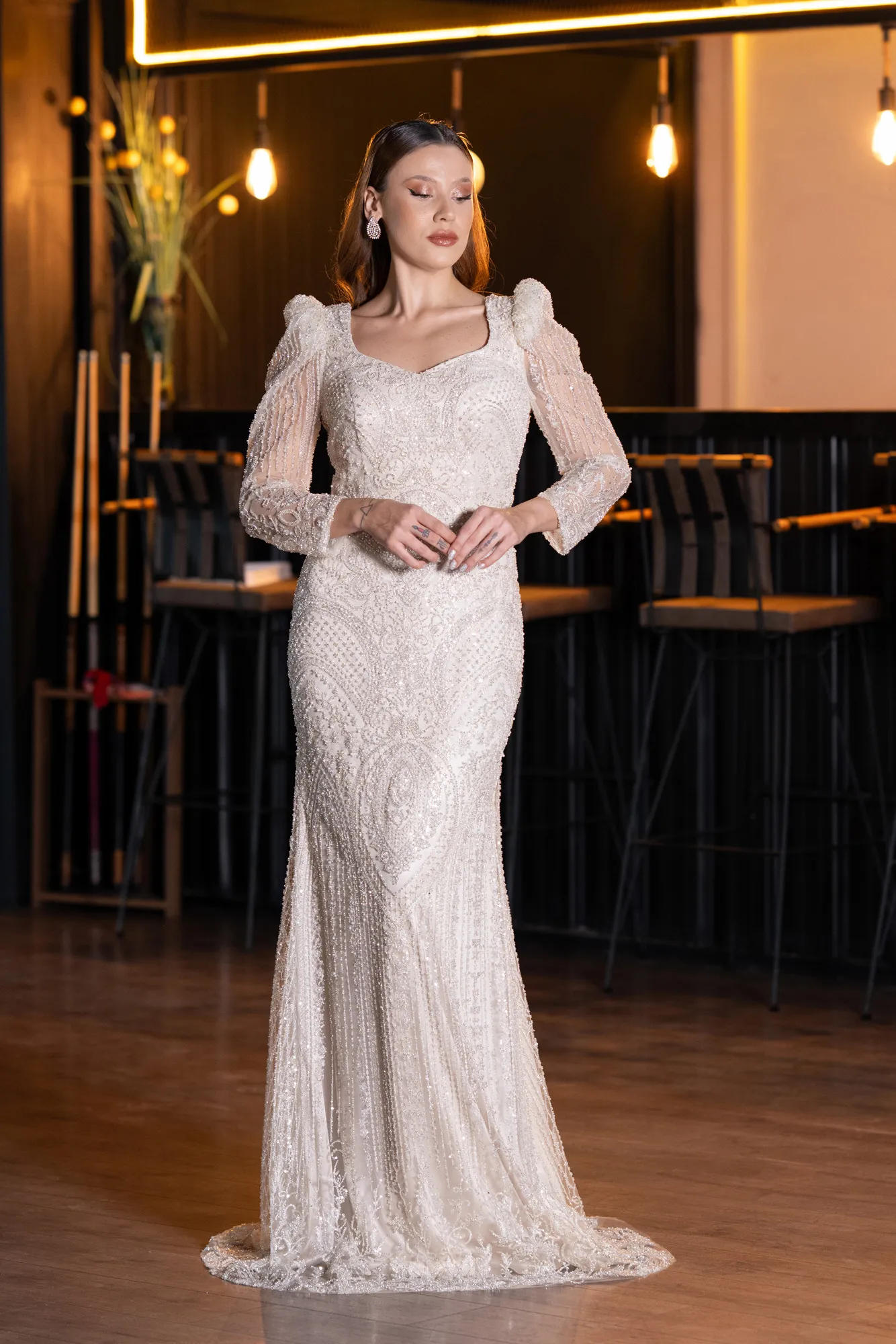 Beige-Long Beaded Evening Dress ABU5387