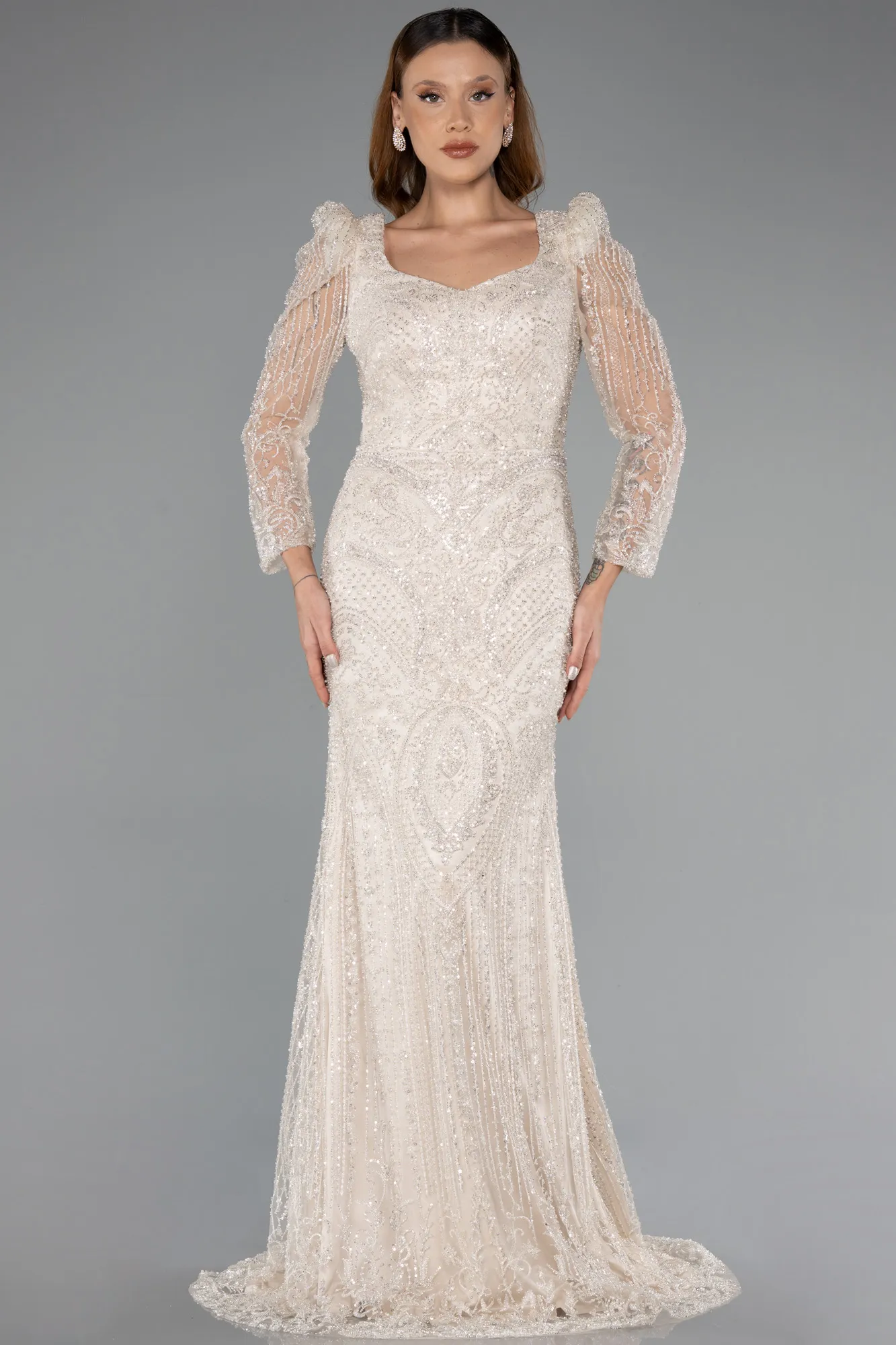 Beige-Long Beaded Evening Dress ABU5387