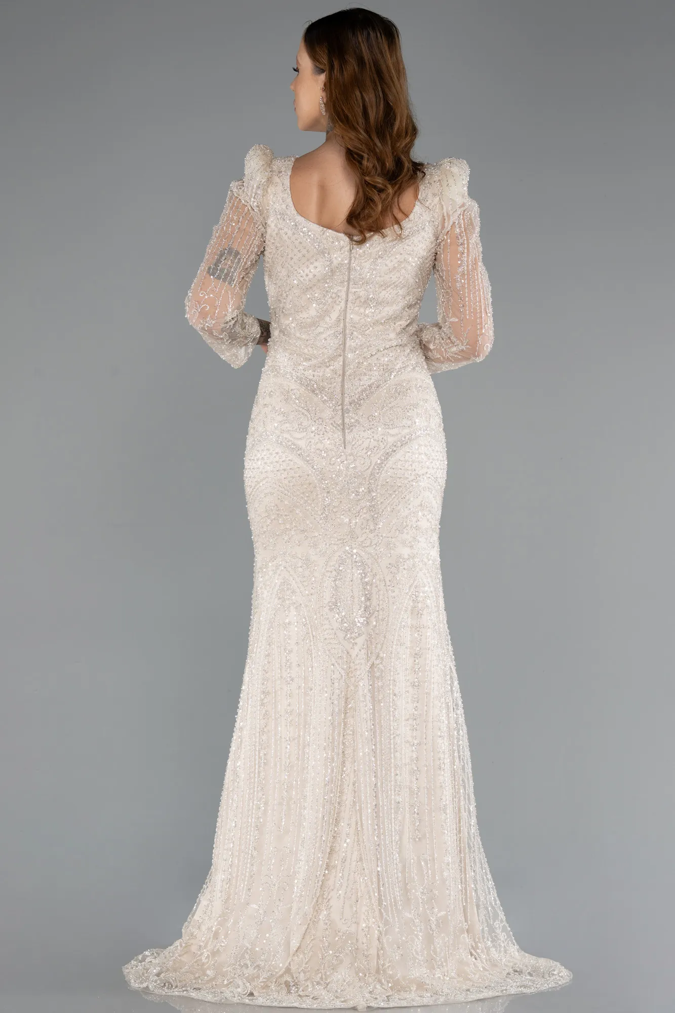 Beige-Long Beaded Evening Dress ABU5387