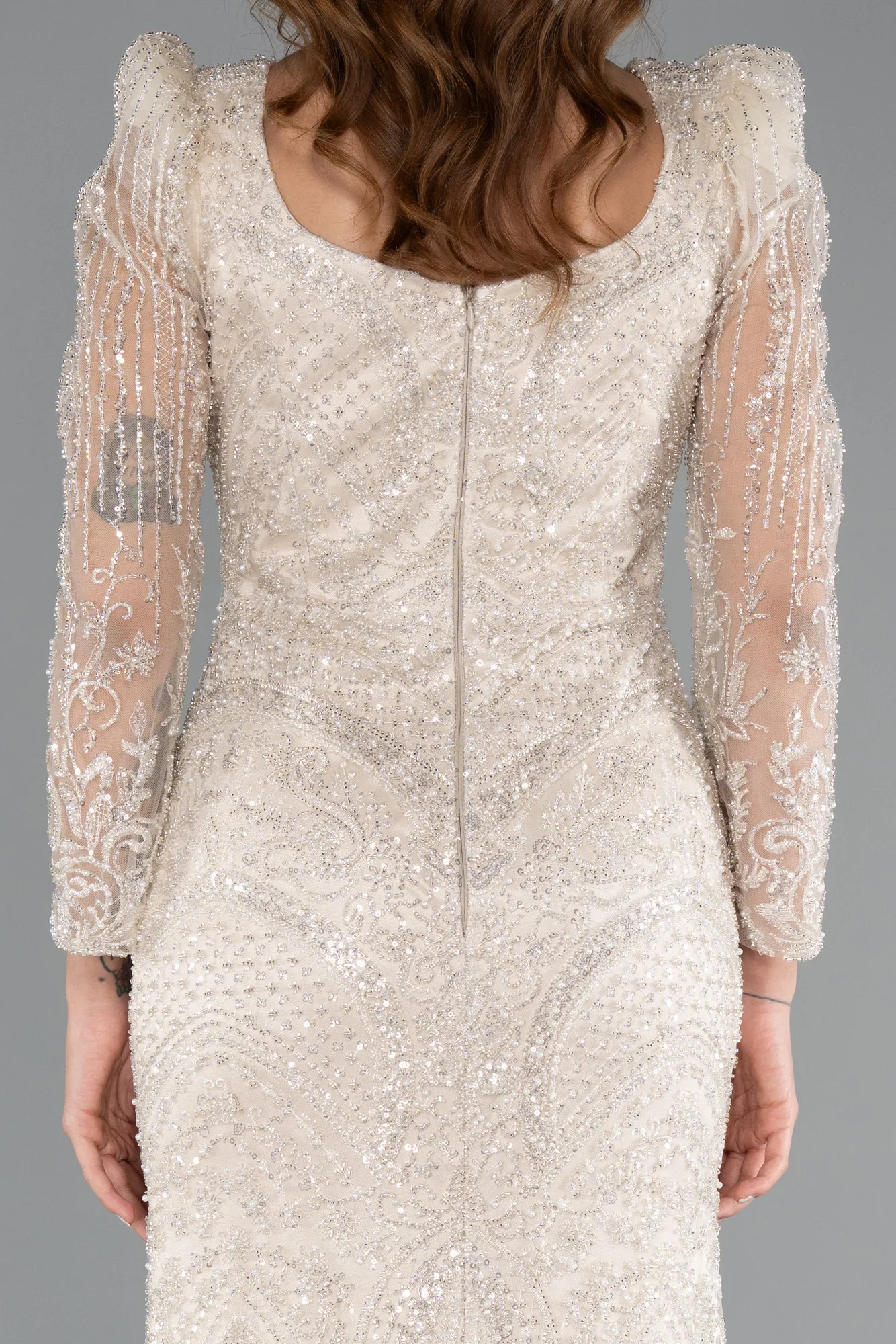 Beige-Long Beaded Evening Dress ABU5387