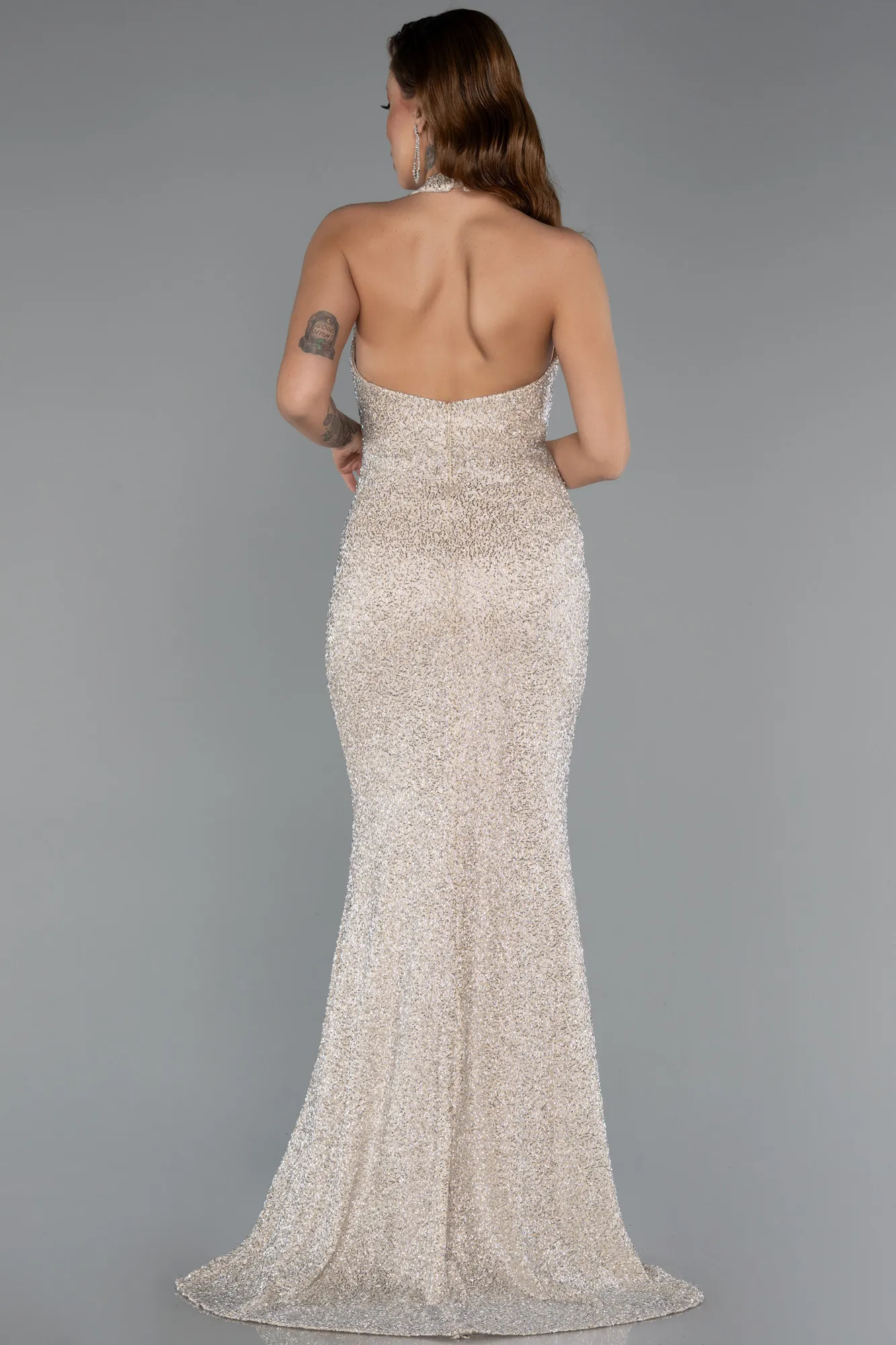 Beige-Long Beaded Evening Dress ABU5403