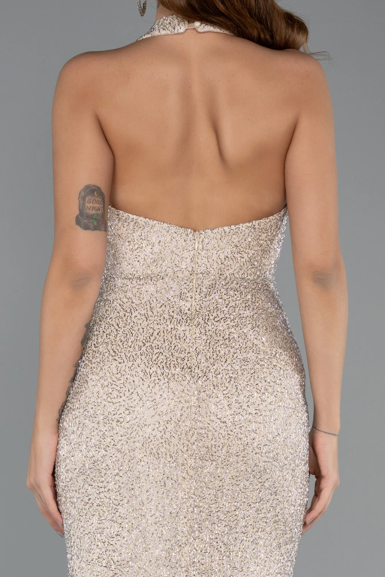 Beige-Long Beaded Evening Dress ABU5403