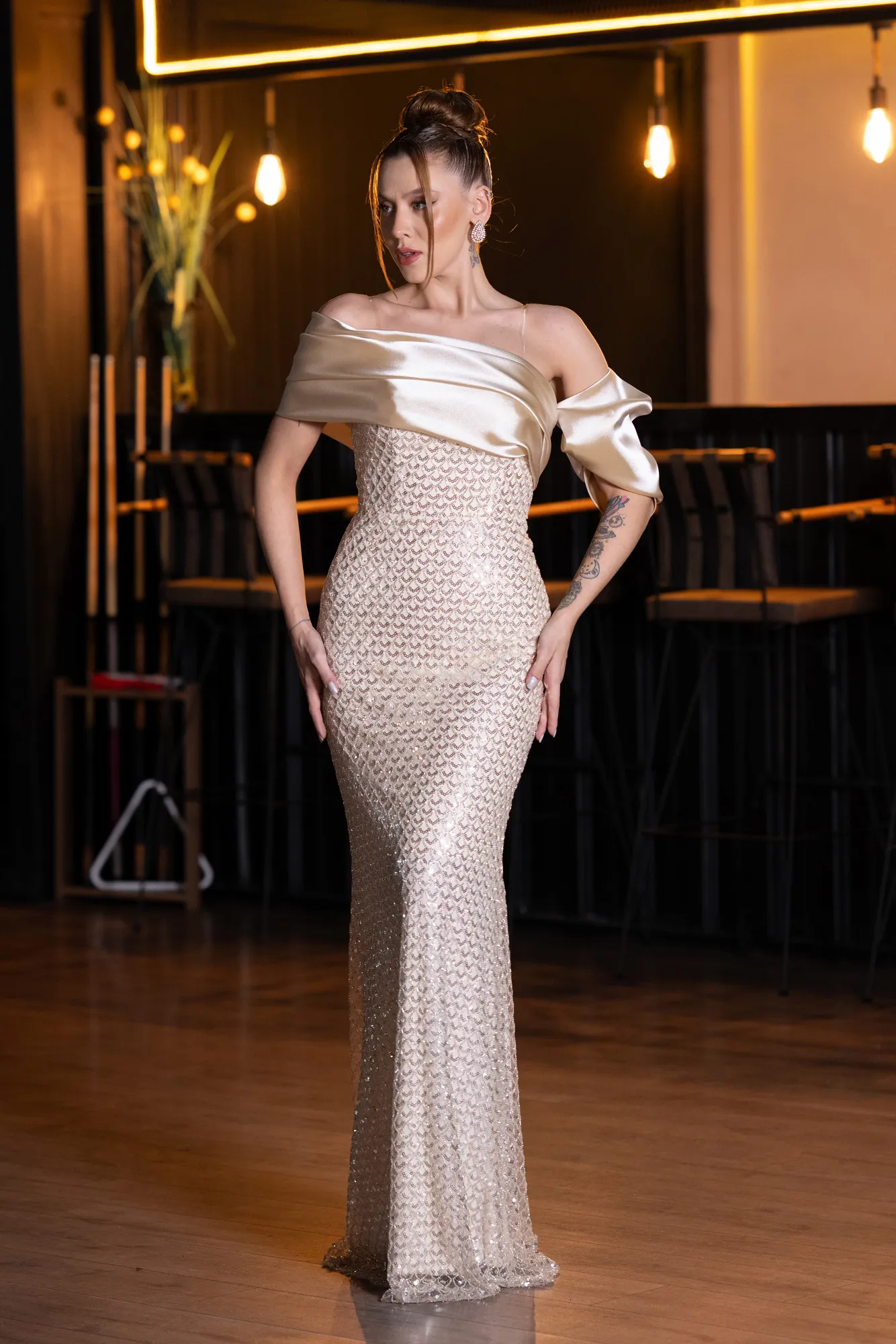 Beige-Long Beaded Evening Dress ABU5434