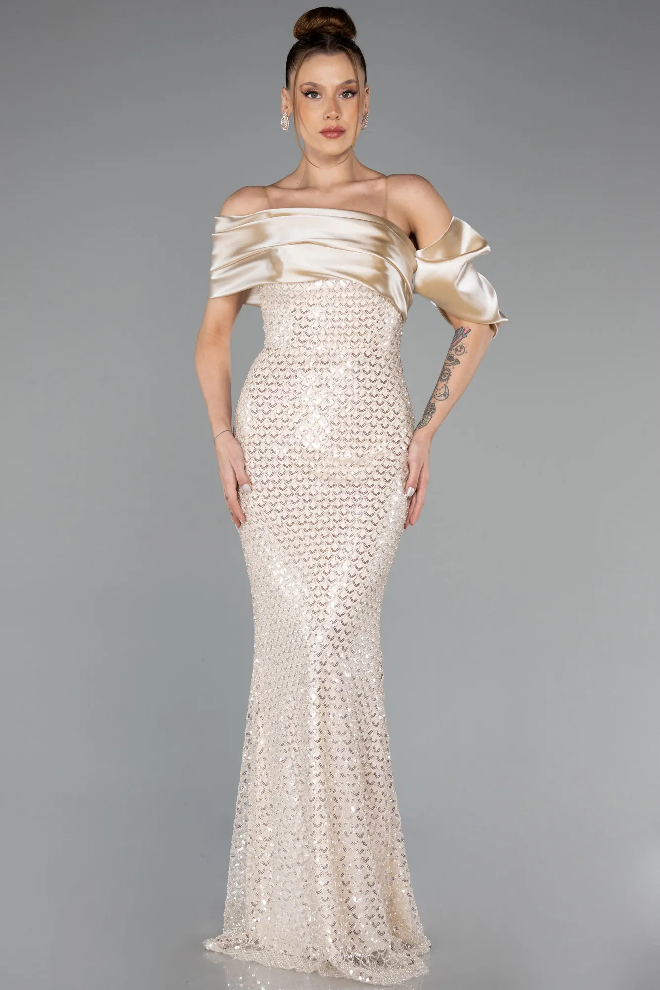 Beige-Long Beaded Evening Dress ABU5434