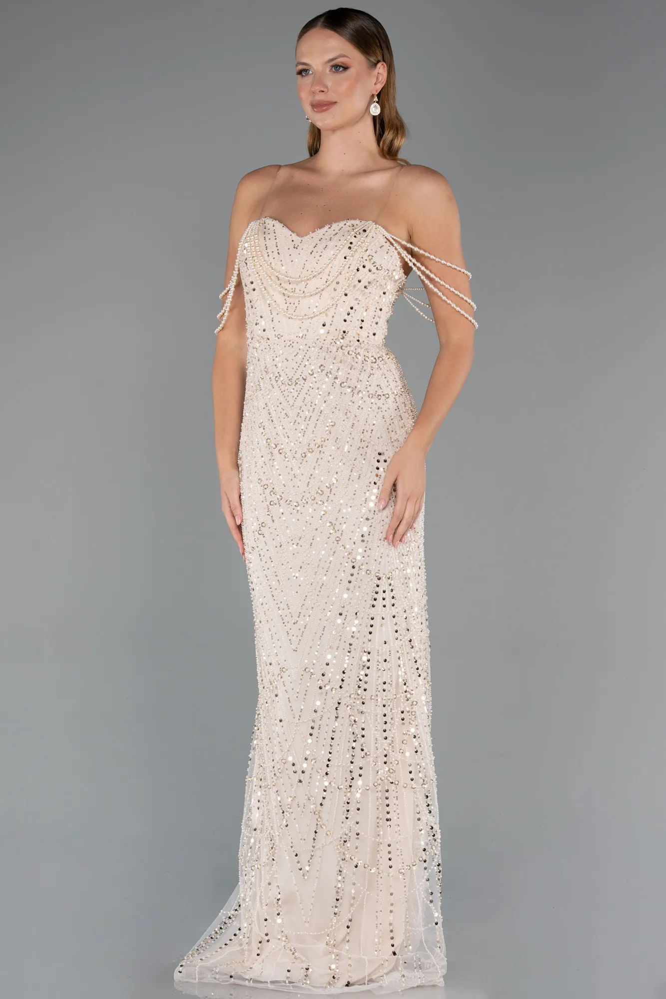 Beige-Long Beaded Evening Dress ABU5477