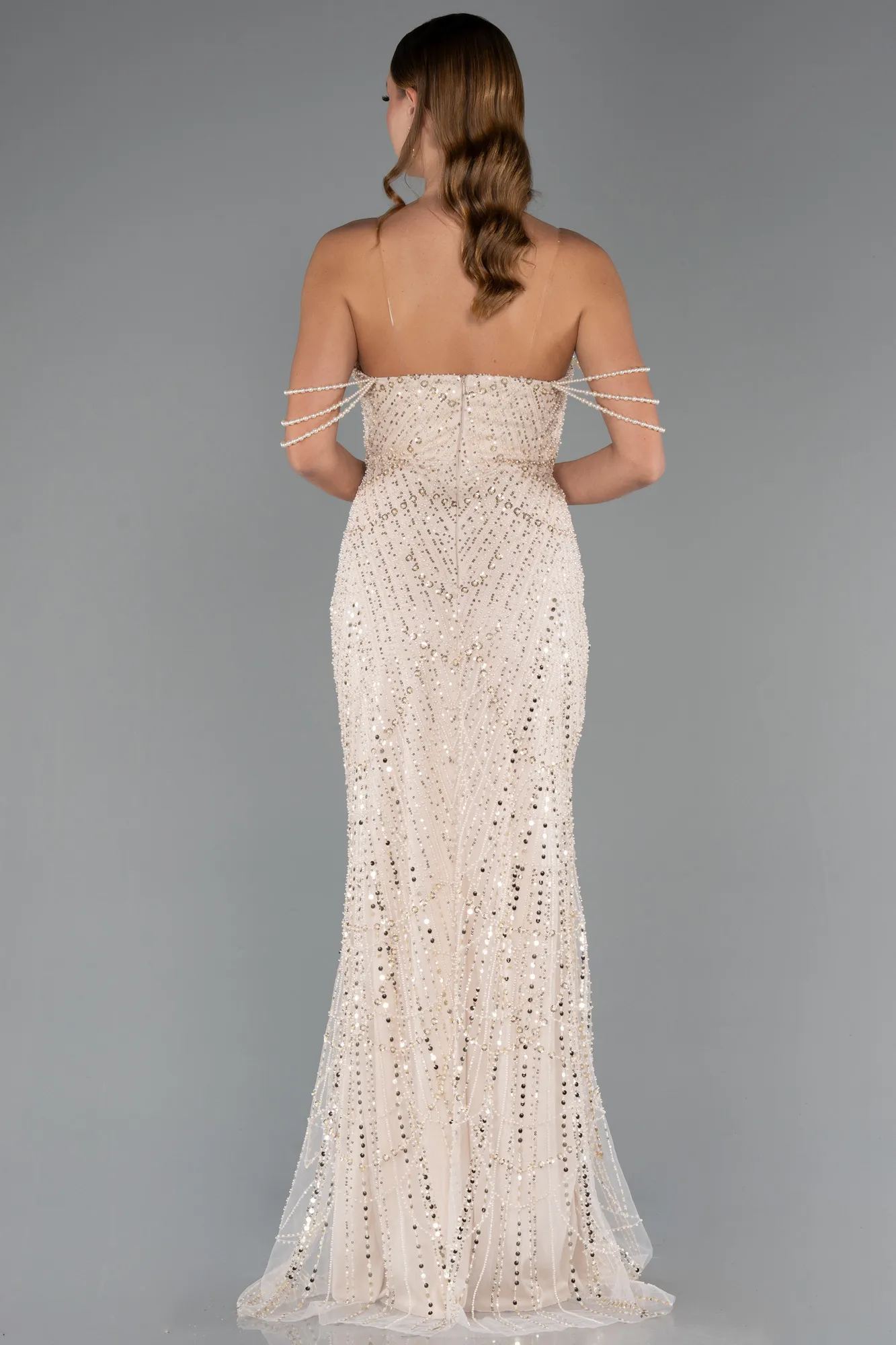 Beige-Long Beaded Evening Dress ABU5477
