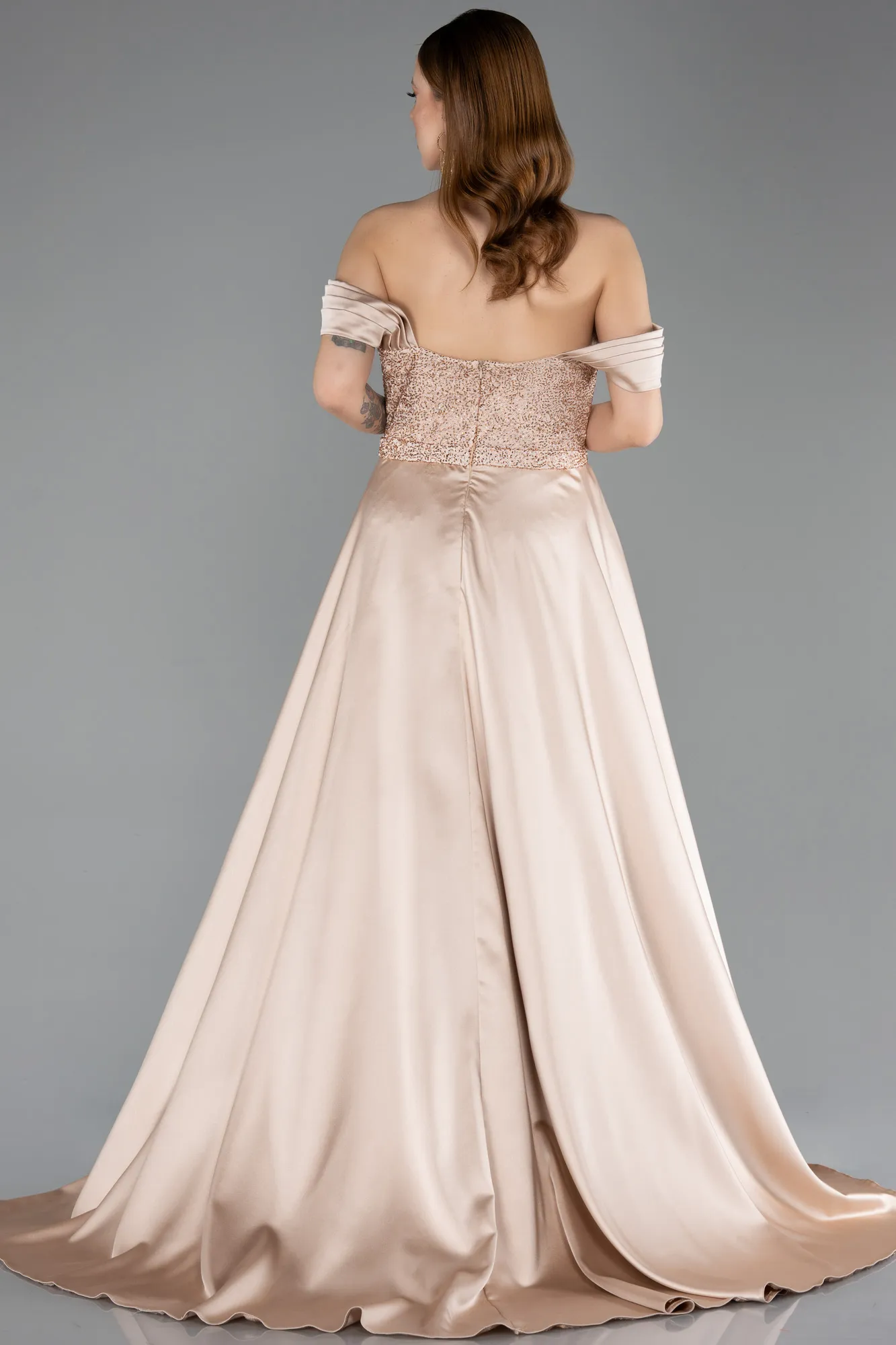 Beige-Long Beaded Evening Dress ABU5542