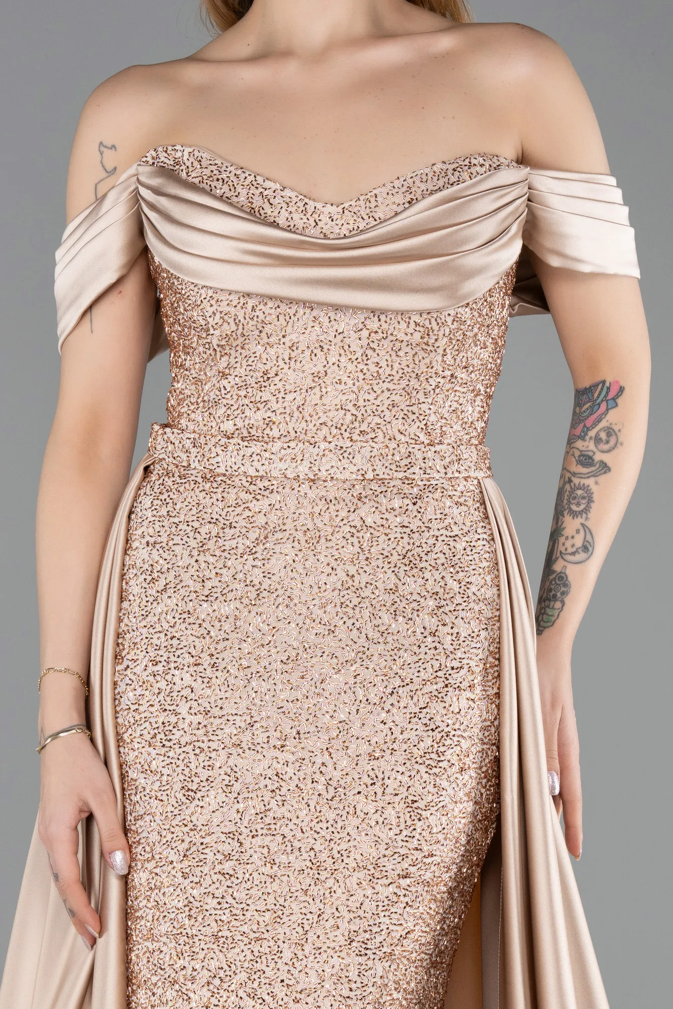 Beige-Long Beaded Evening Dress ABU5542