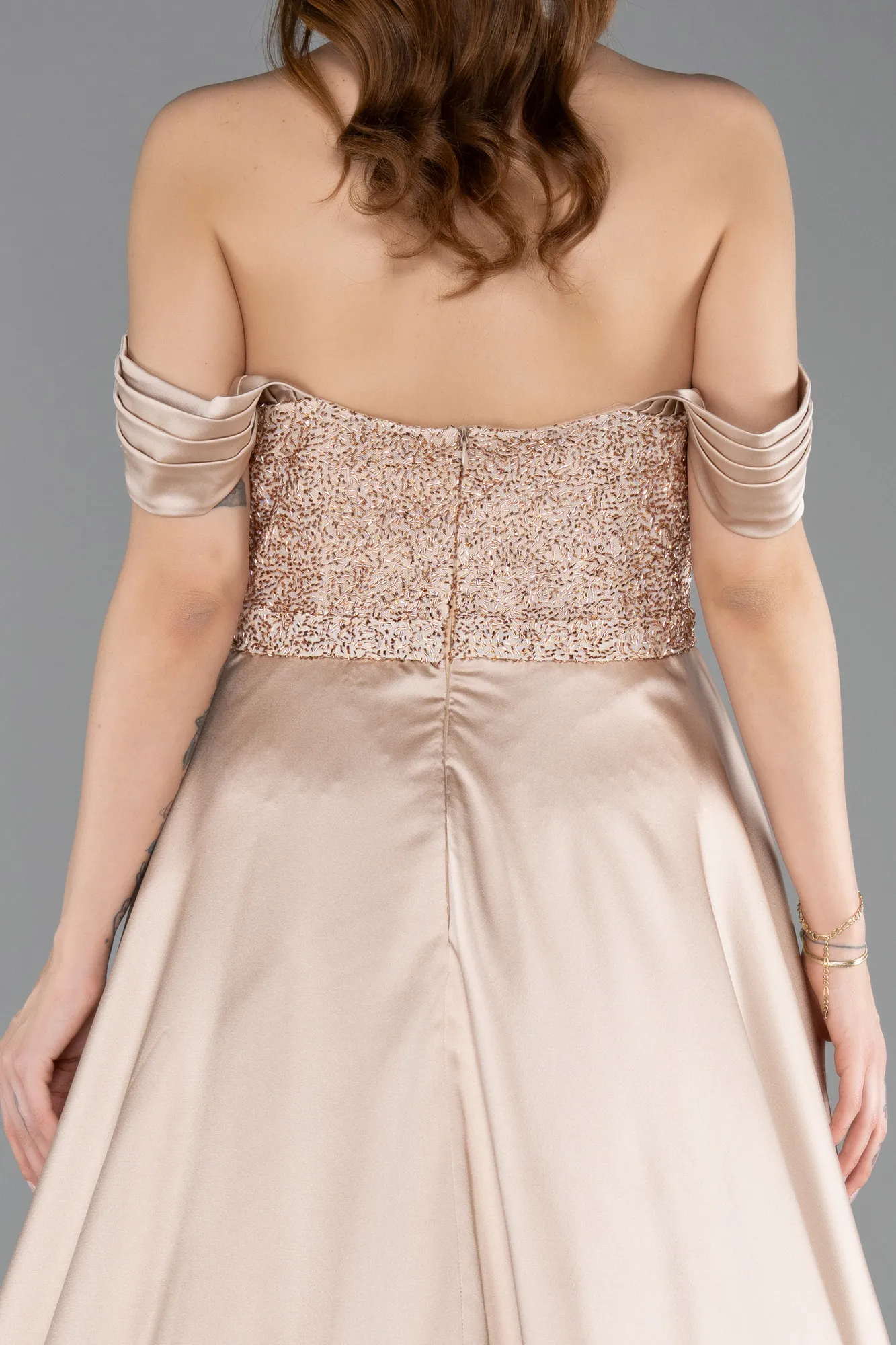 Beige-Long Beaded Evening Dress ABU5542