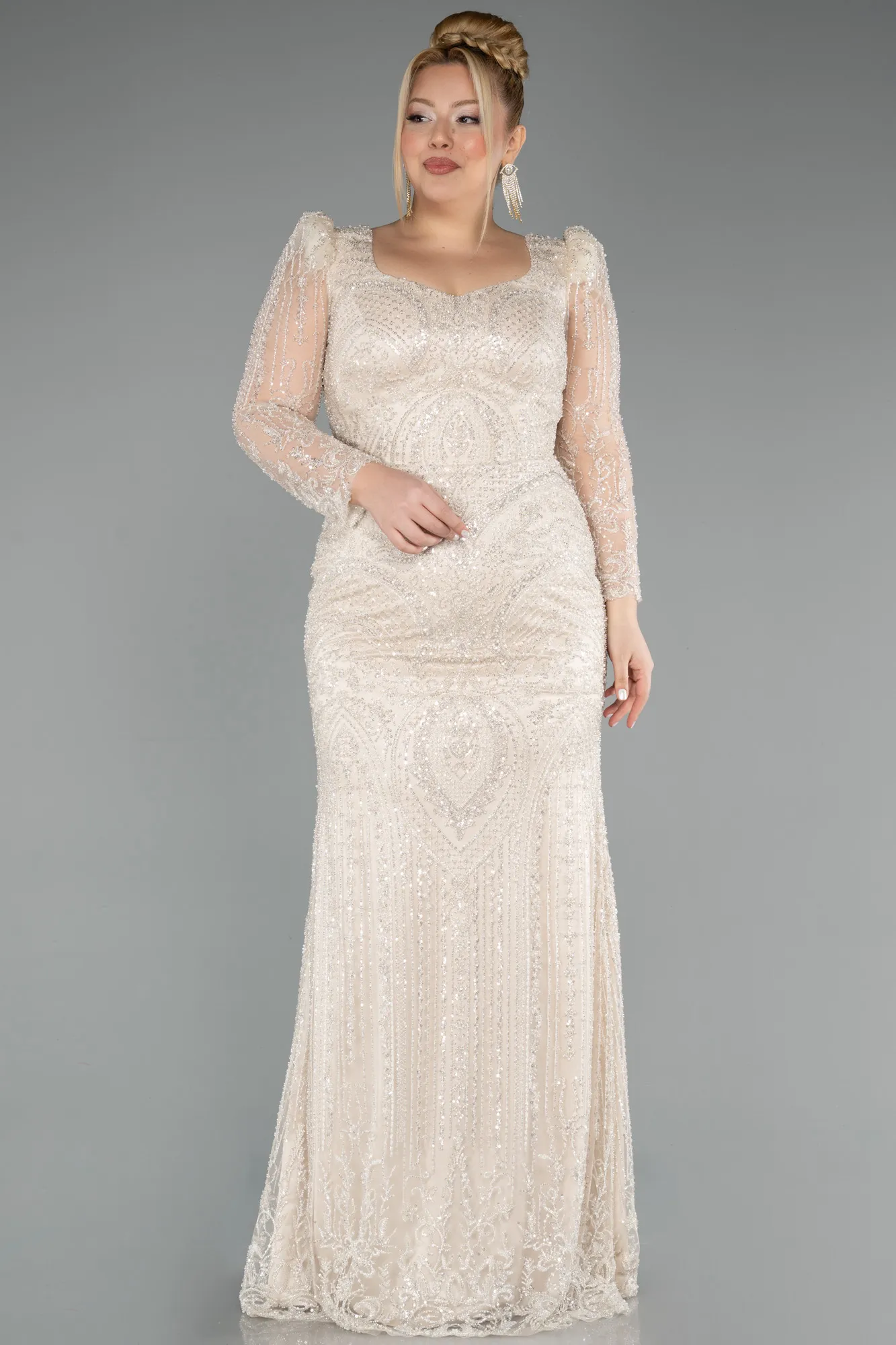 Beige-Long Beaded Formal Plus Size Dress ABU5388