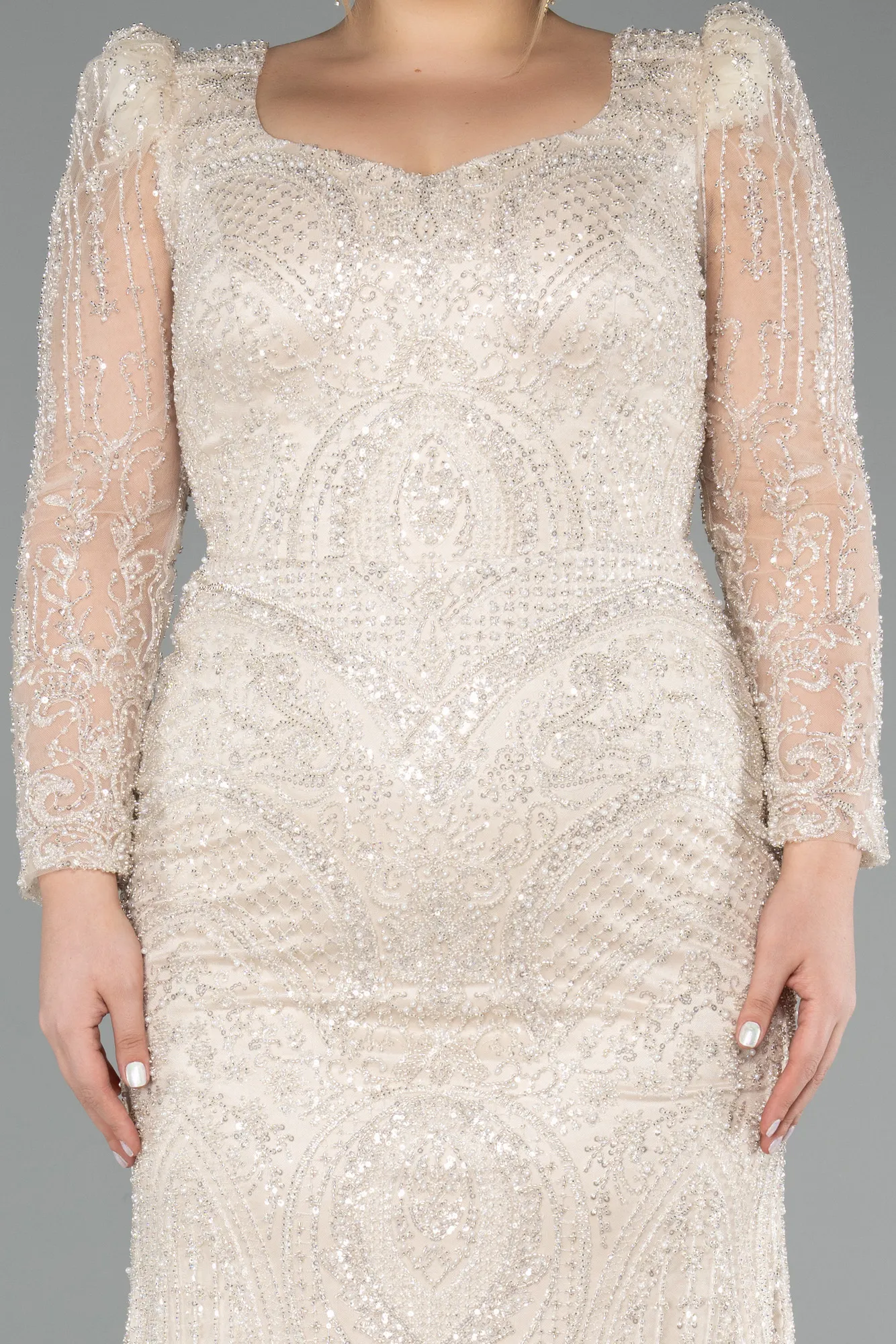 Beige-Long Beaded Formal Plus Size Dress ABU5388