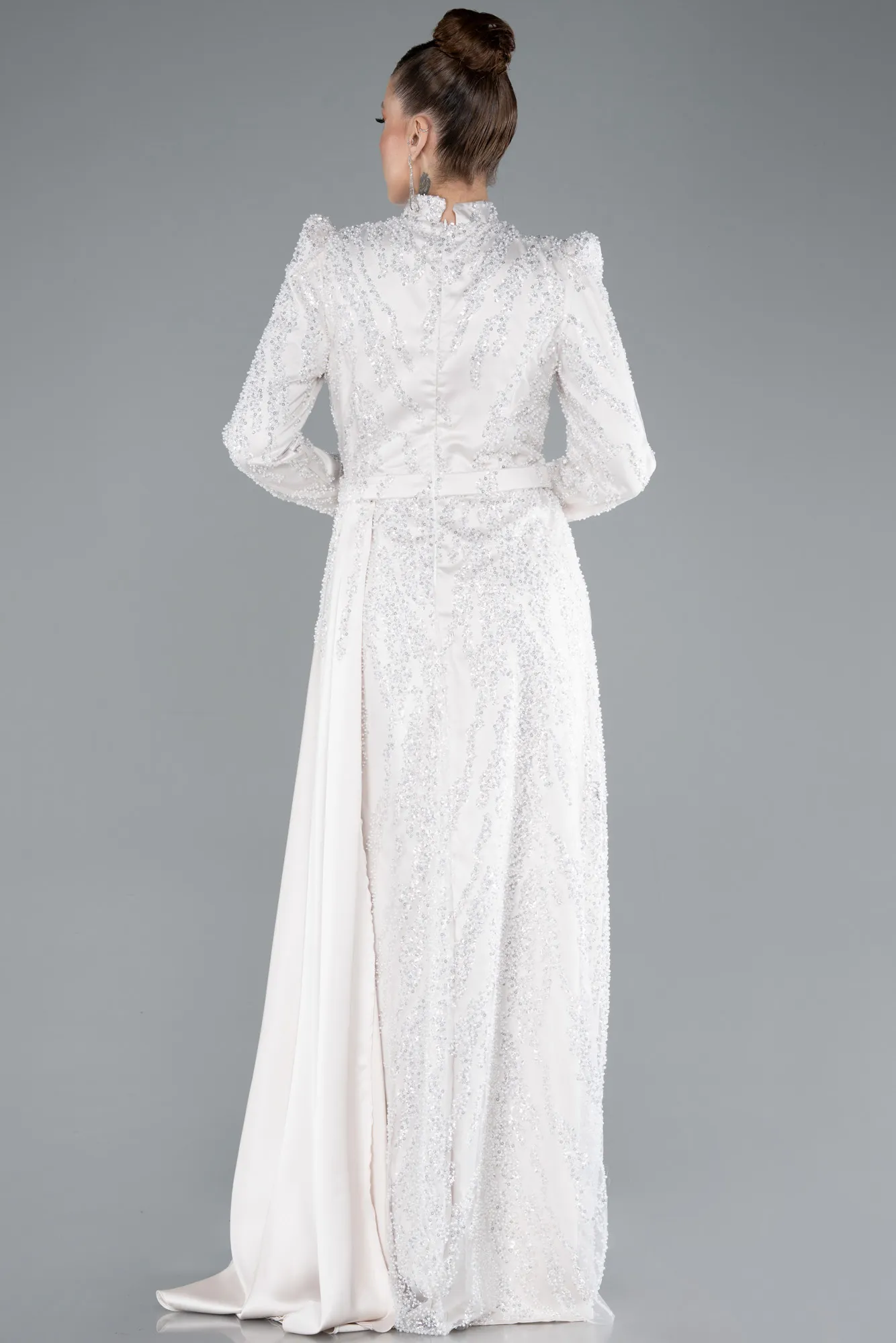 Beige-Long Beaded Hijab Dress ABU4941