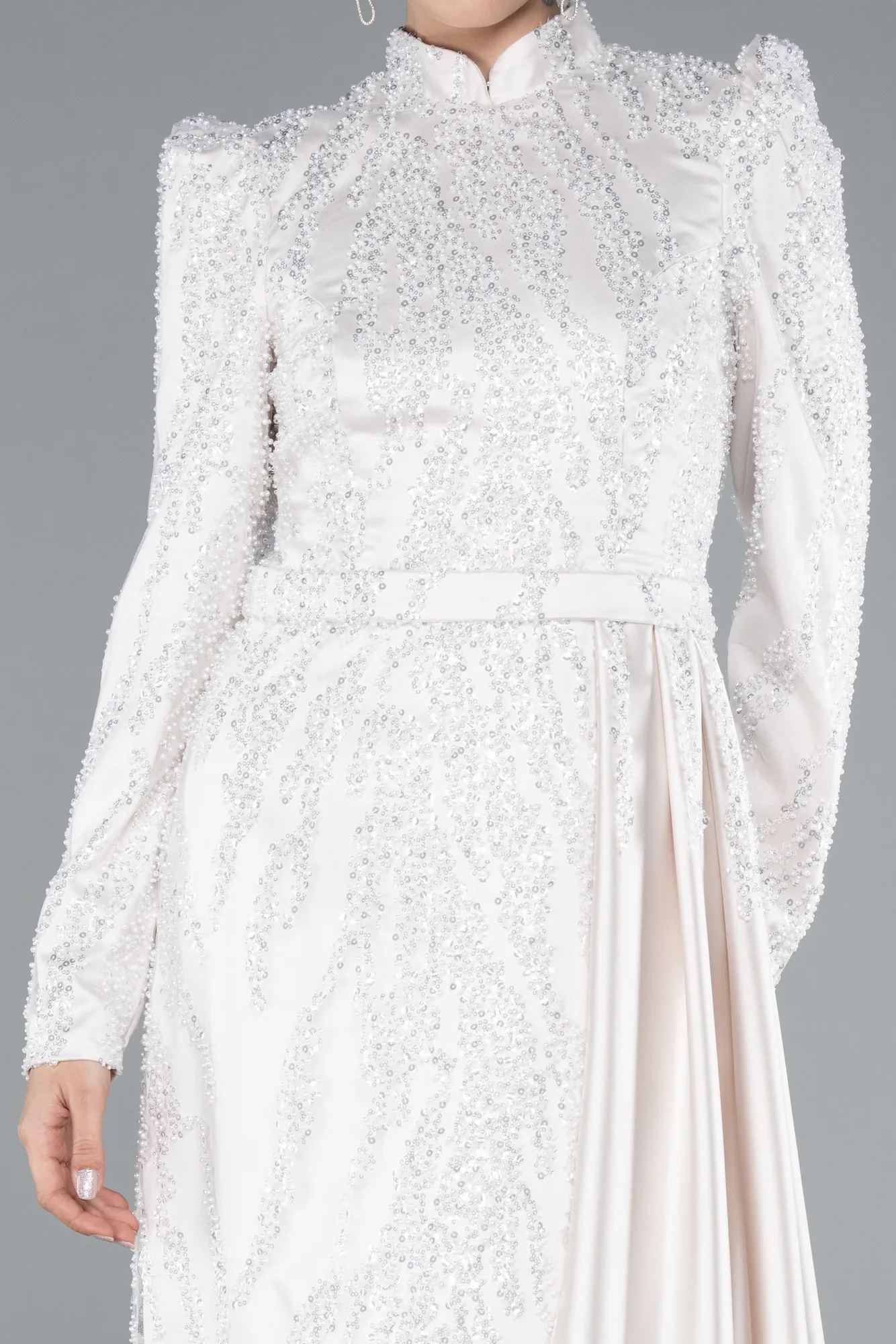 Beige-Long Beaded Hijab Dress ABU4941