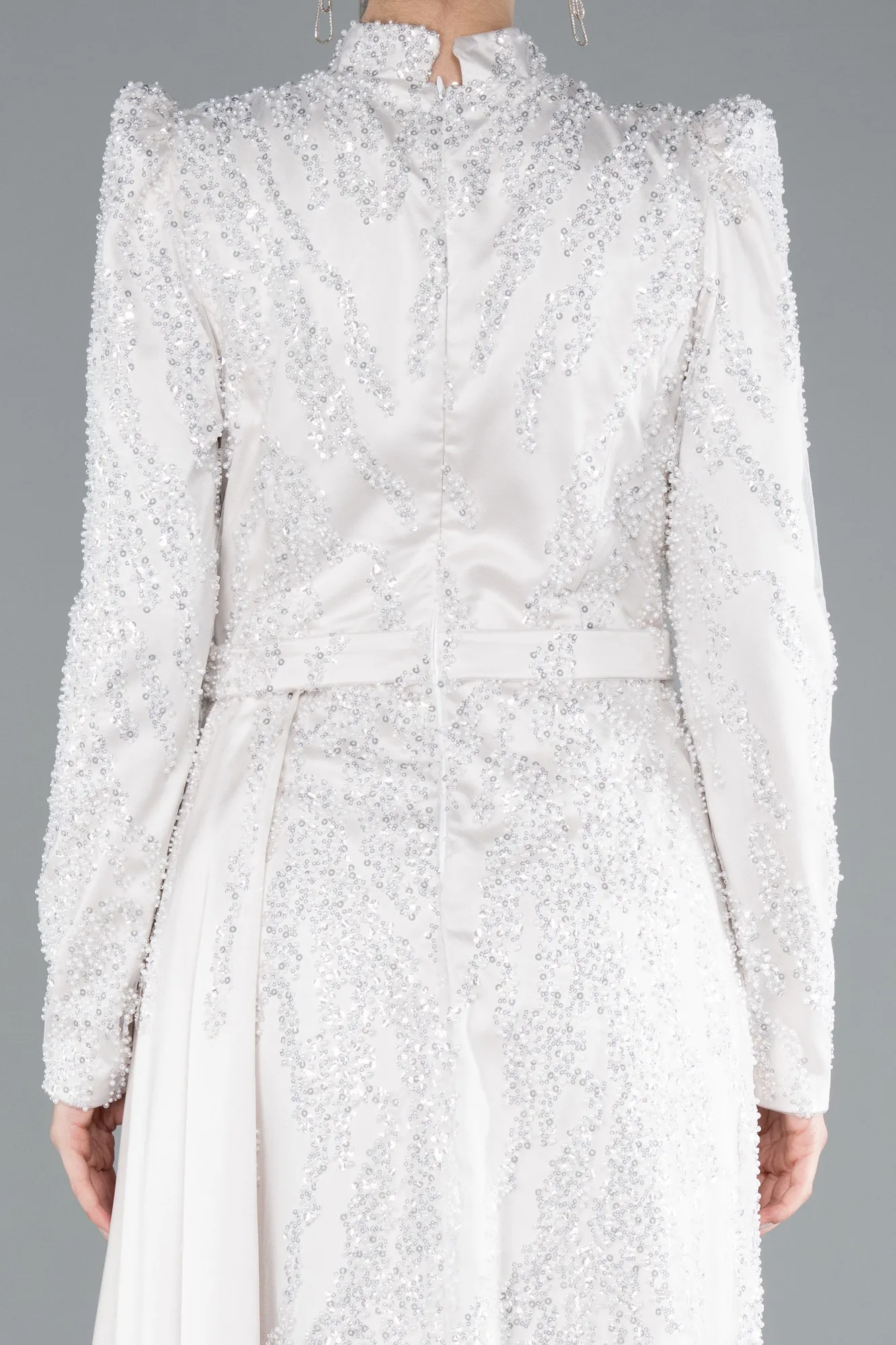 Beige-Long Beaded Hijab Dress ABU4941