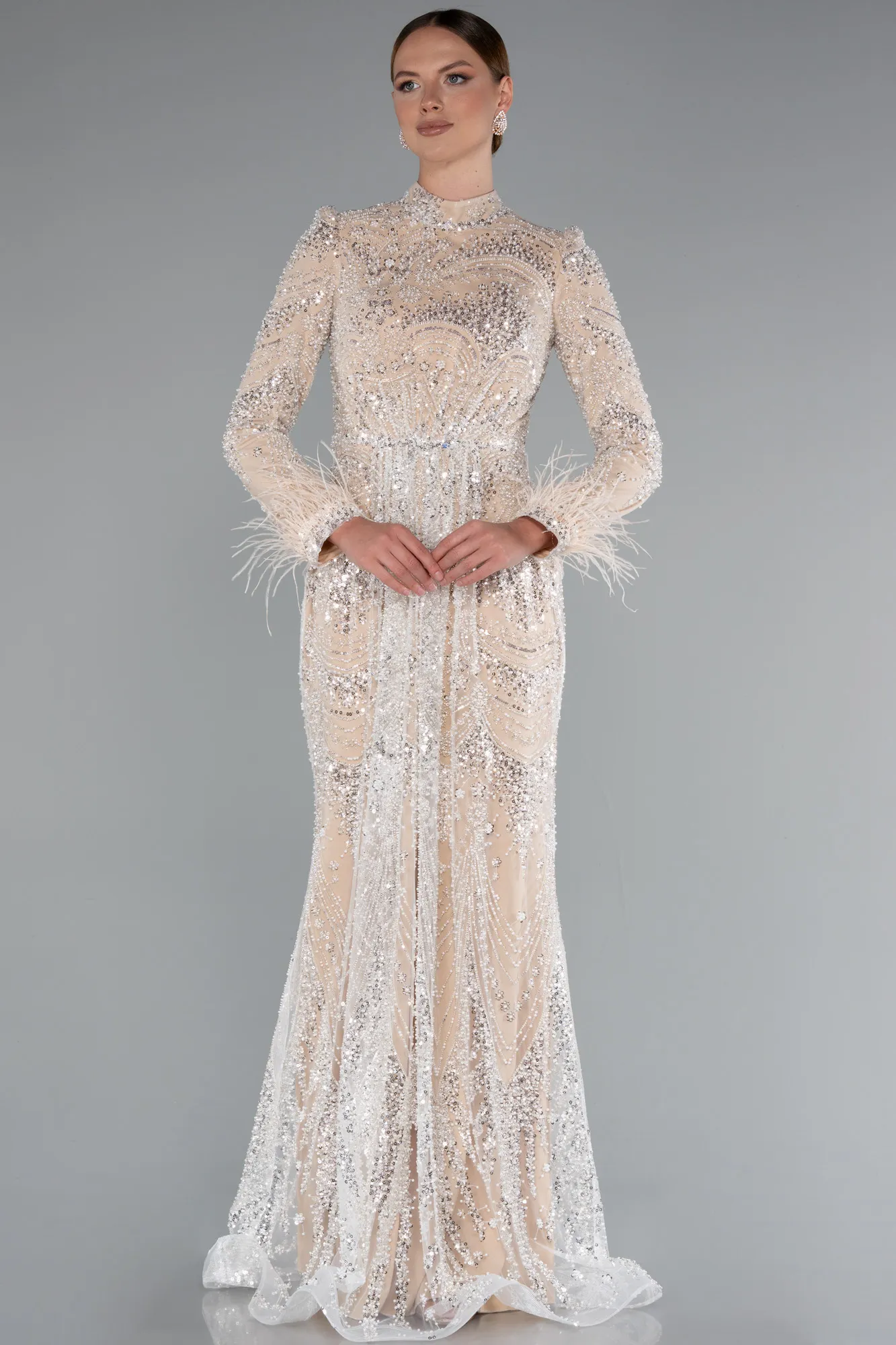 Beige-Long Beaded Hijab Dress ABU5056