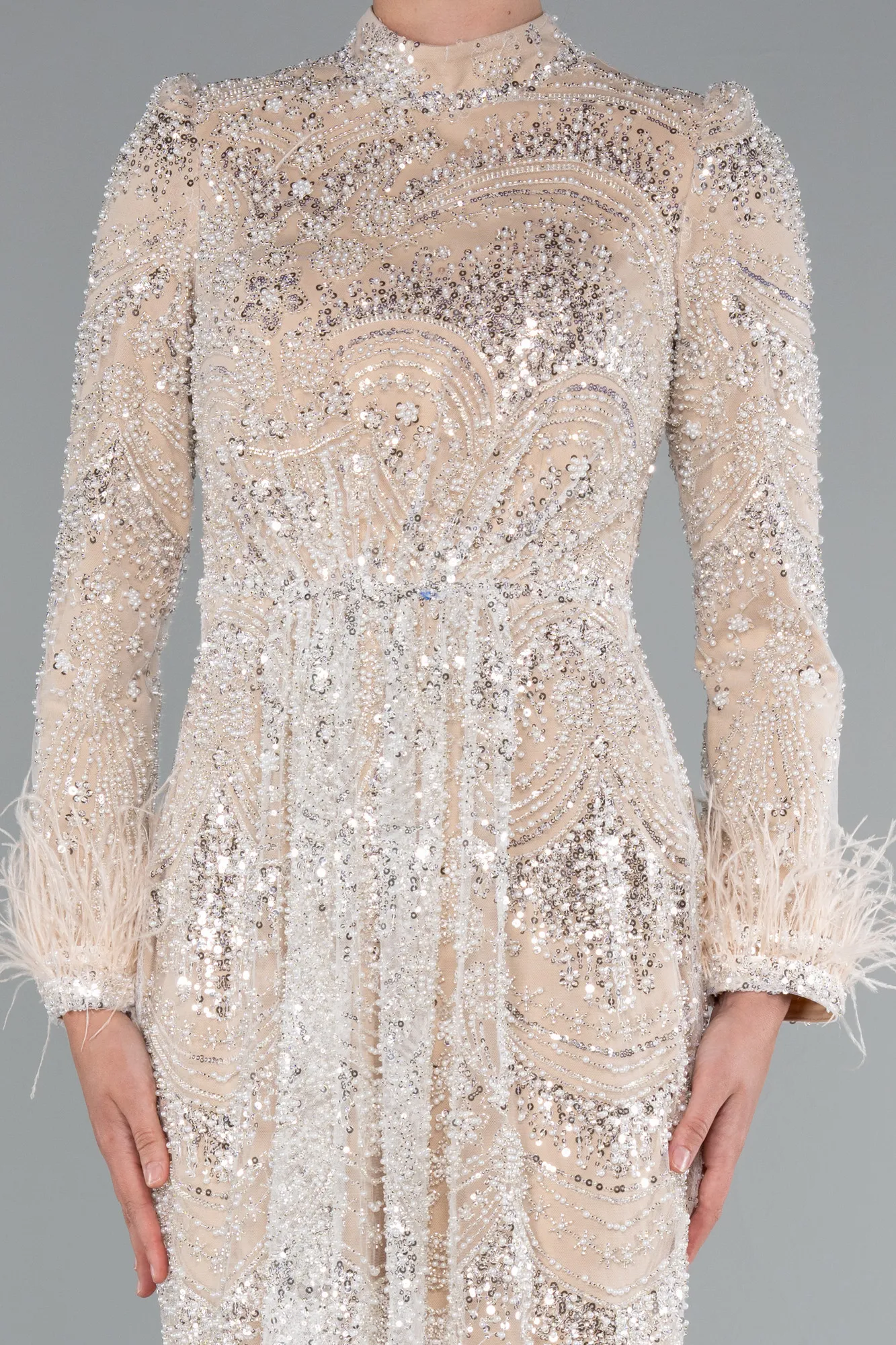 Beige-Long Beaded Hijab Dress ABU5056