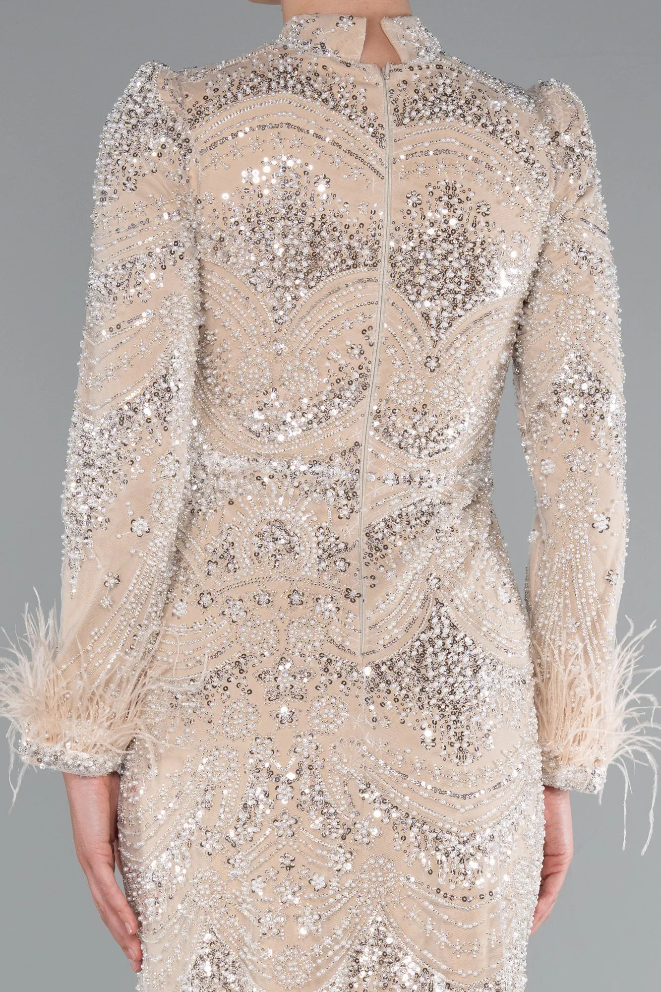 Beige-Long Beaded Hijab Dress ABU5056