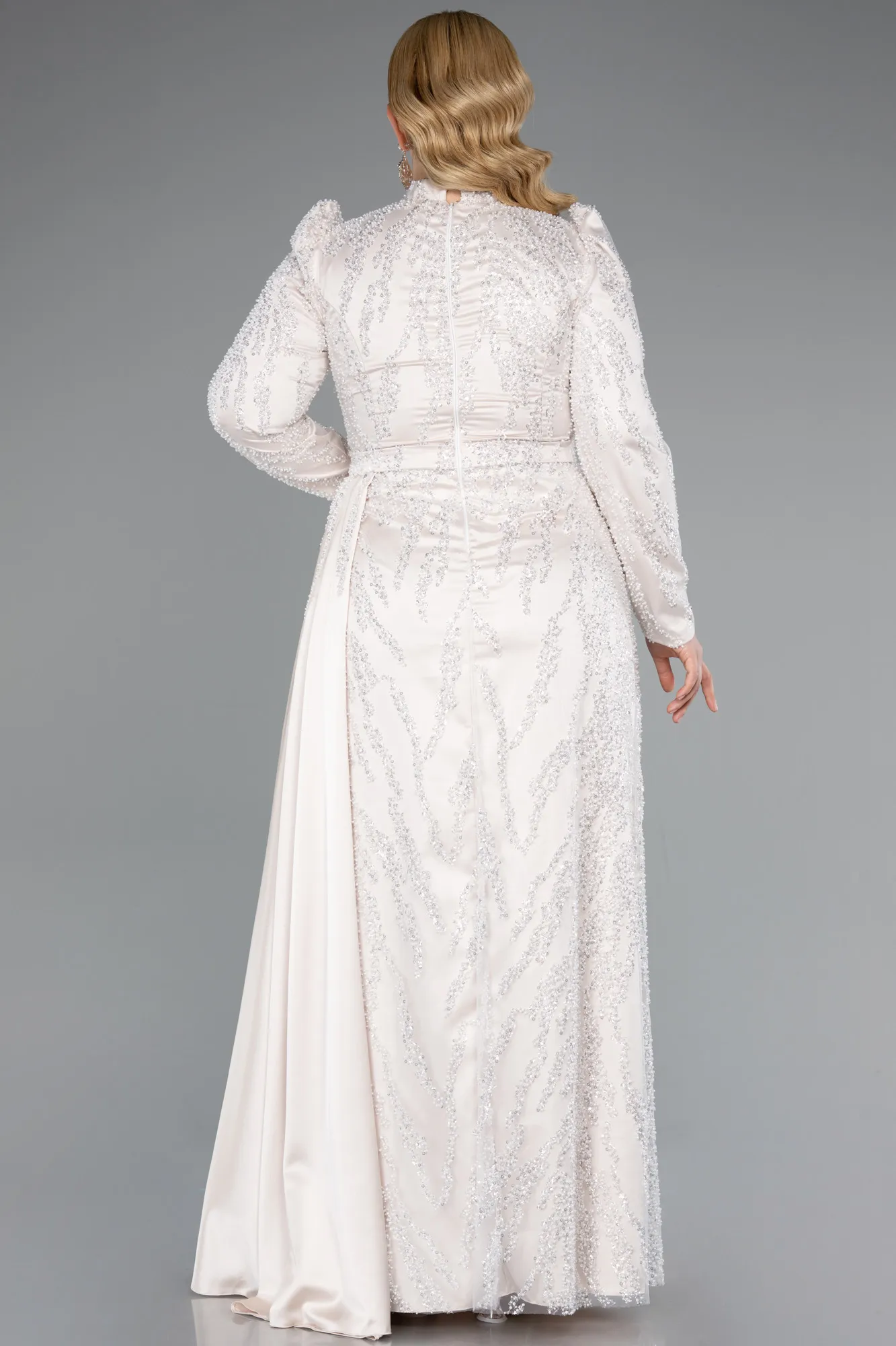 Beige-Long Beaded Large Size Dress ABU4942