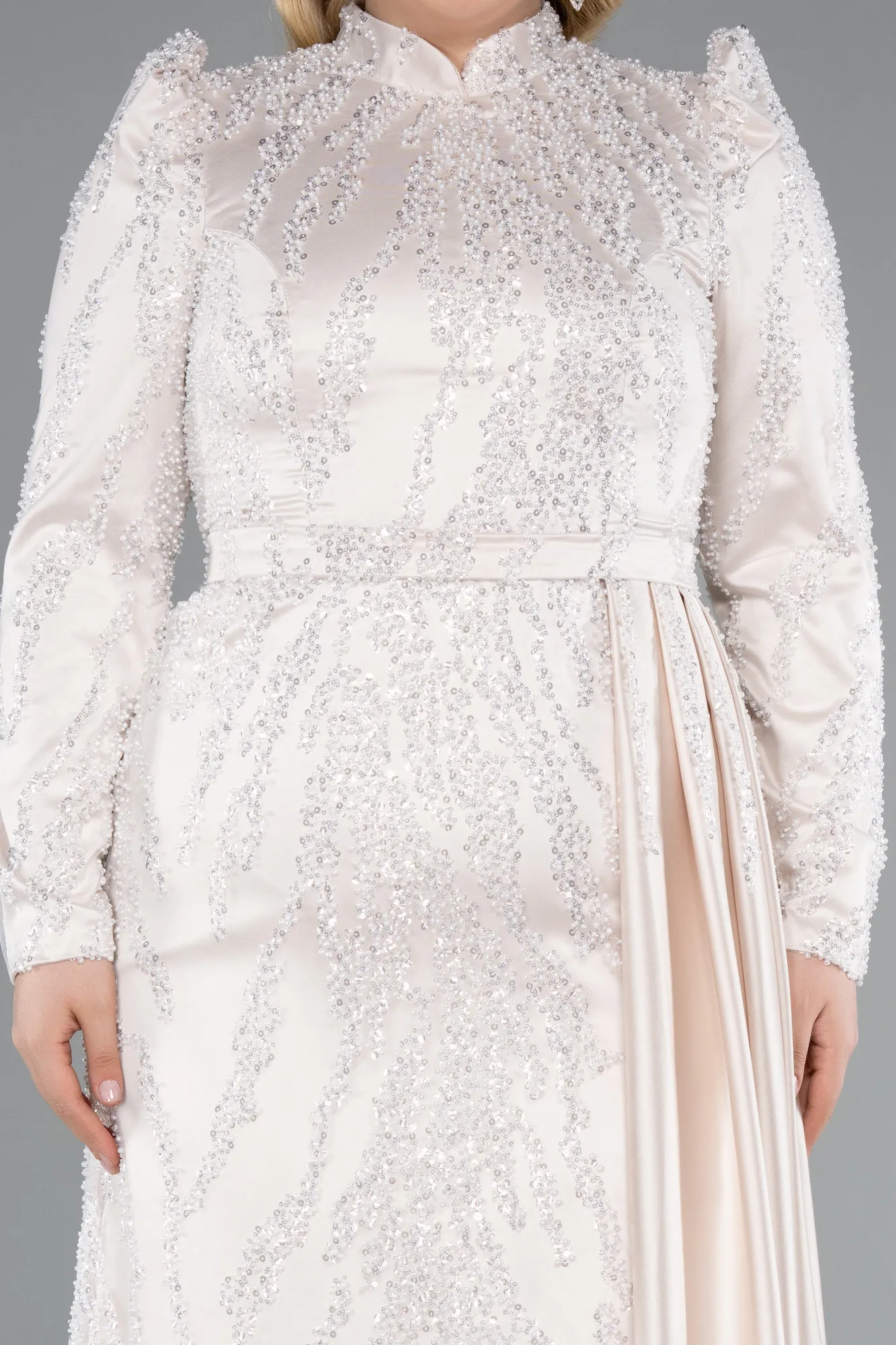 Beige-Long Beaded Large Size Dress ABU4942