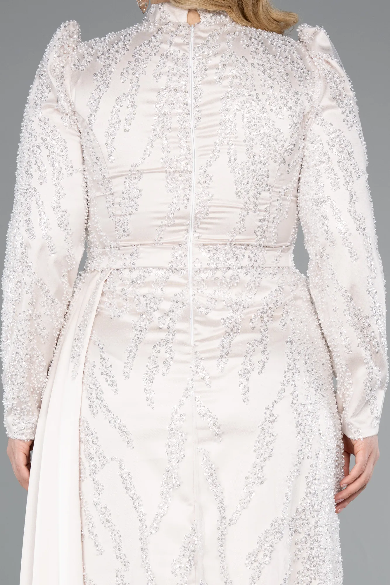 Beige-Long Beaded Large Size Dress ABU4942