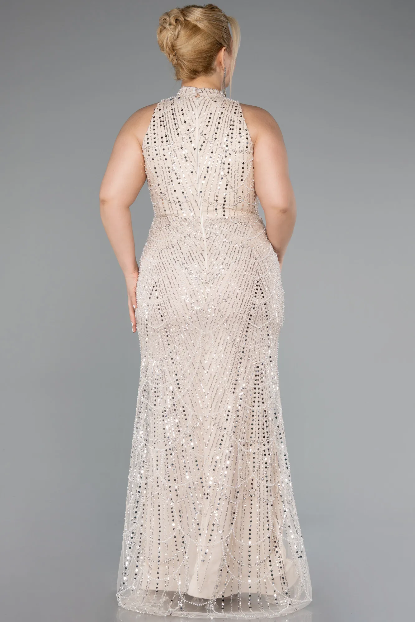 Beige-Long Beaded Plus Size Evening Dress ABU5063