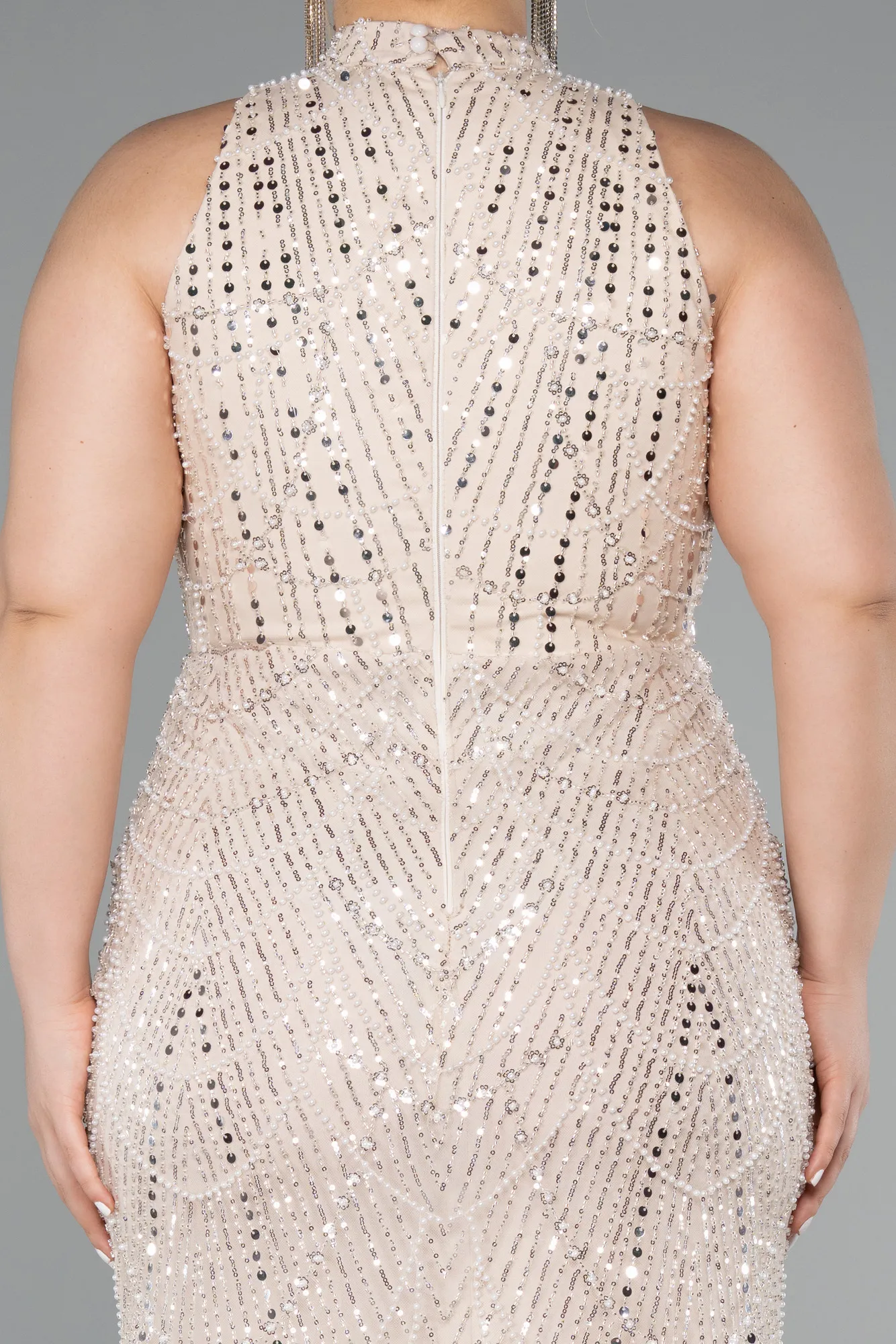 Beige-Long Beaded Plus Size Evening Dress ABU5063