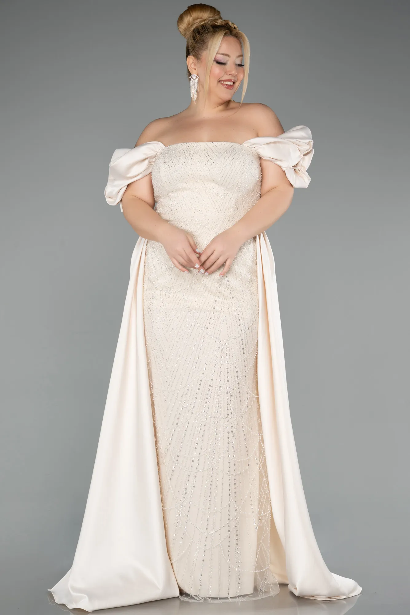 Beige-Long Beaded Plus Size Evening Dress ABU5155