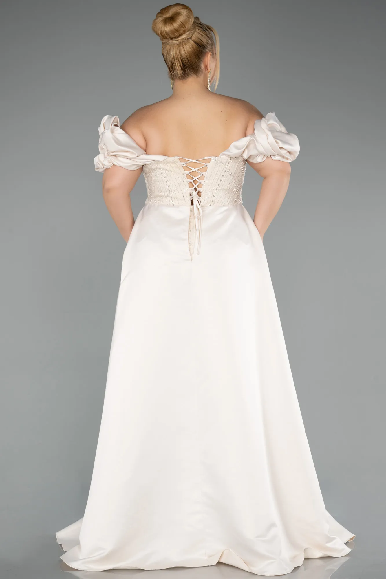 Beige-Long Beaded Plus Size Evening Dress ABU5155