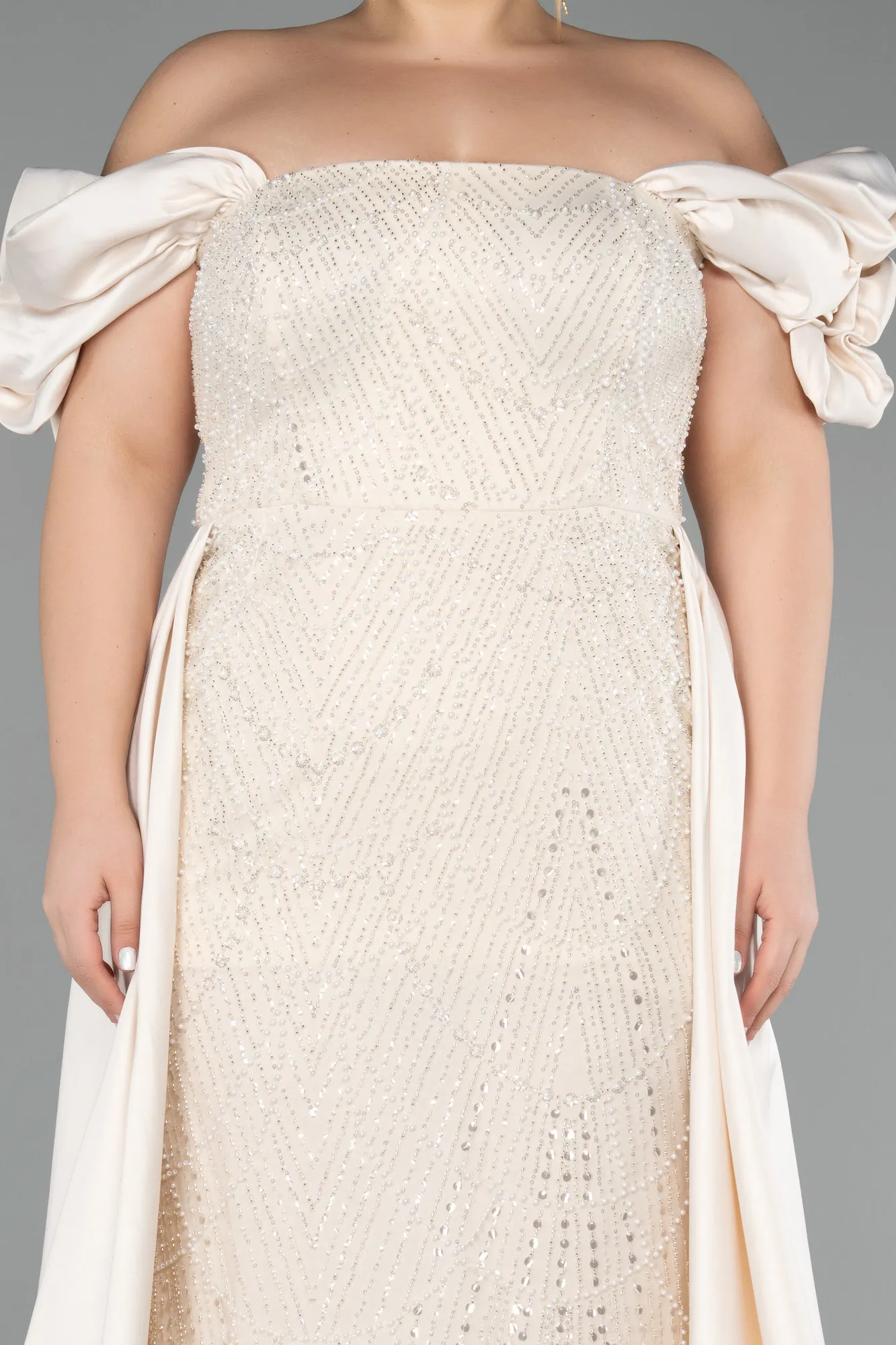 Beige-Long Beaded Plus Size Evening Dress ABU5155