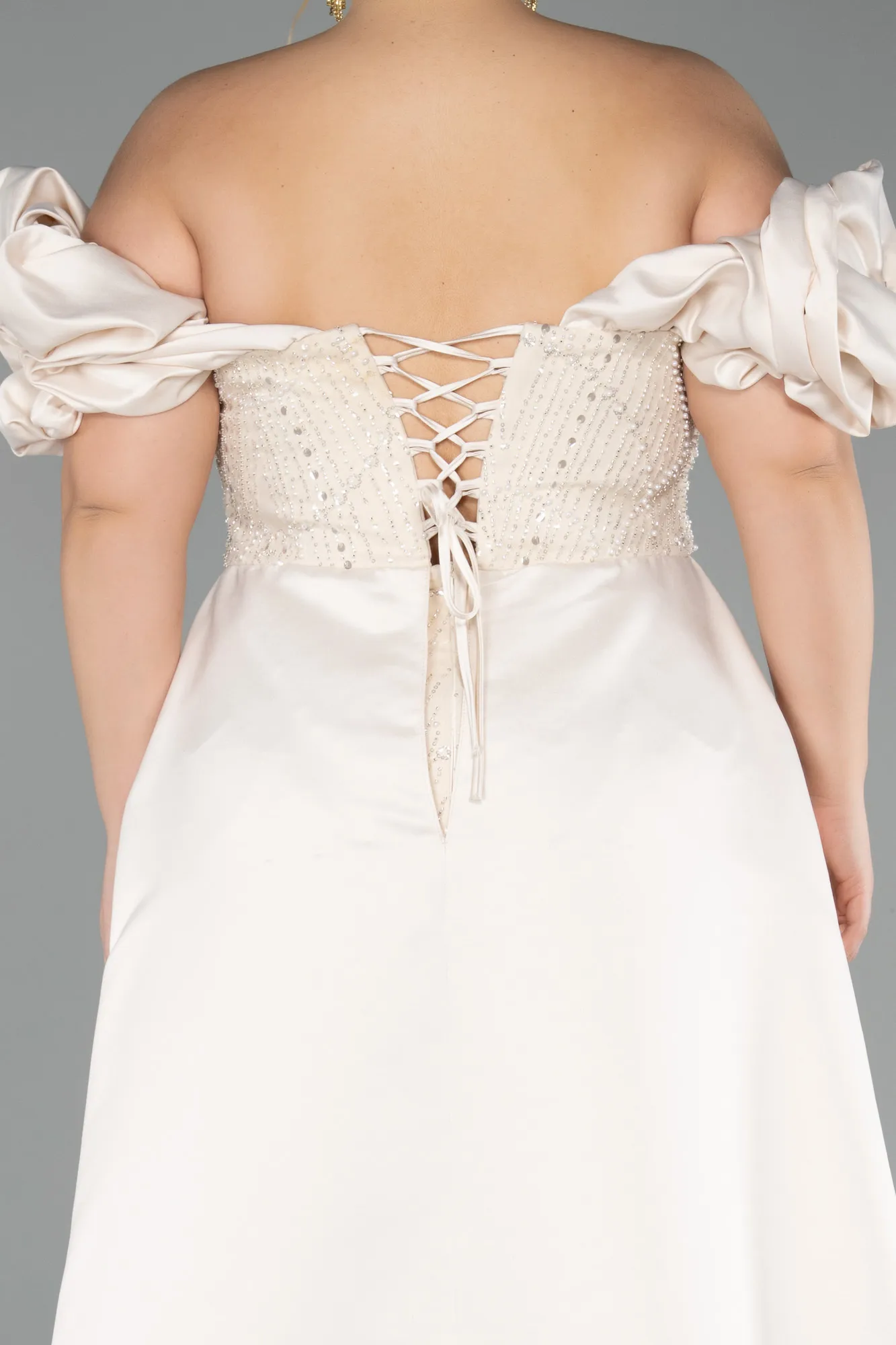 Beige-Long Beaded Plus Size Evening Dress ABU5155