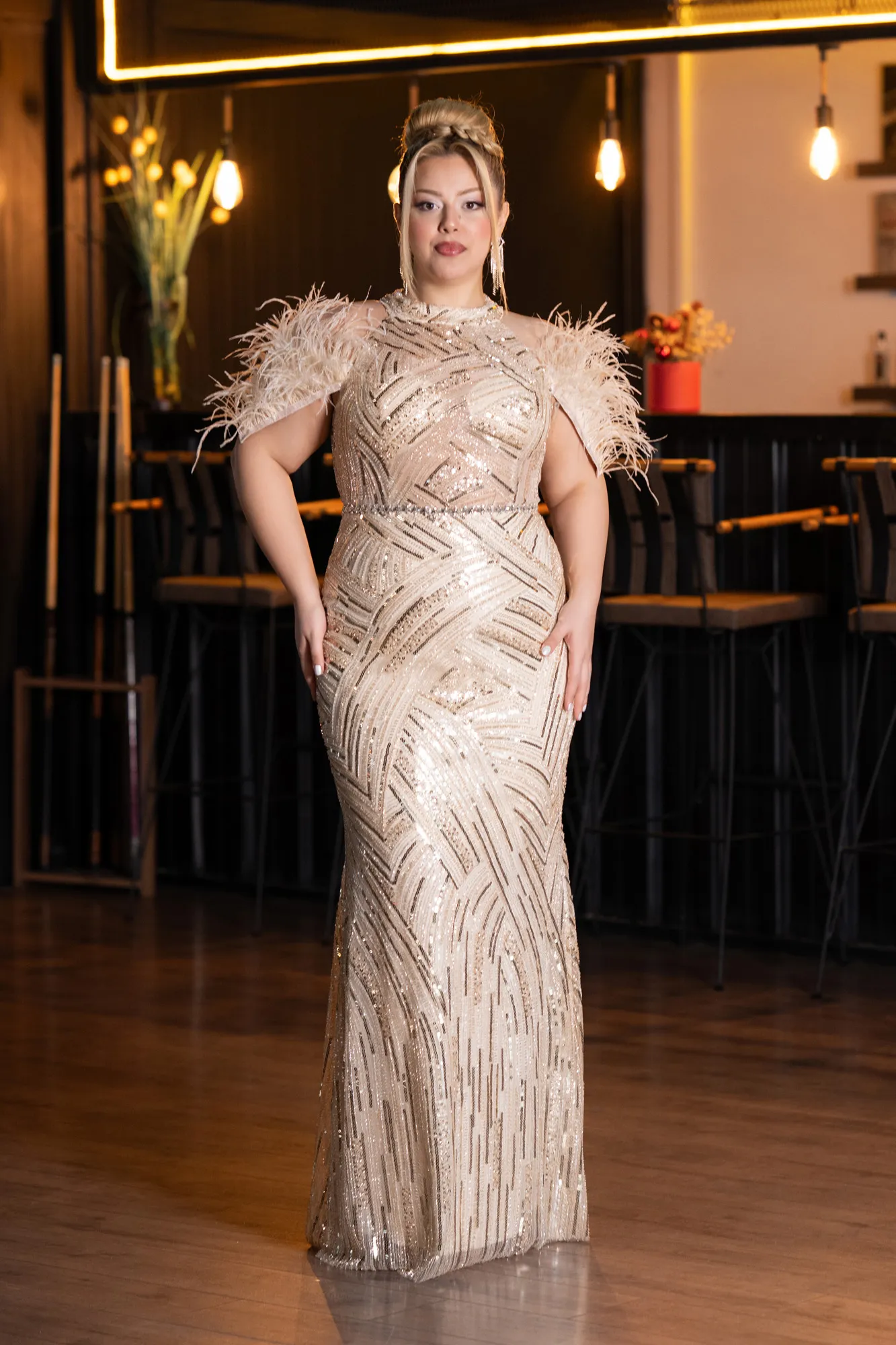 Beige-Long Beaded Plus Size Evening Dress ABU5540