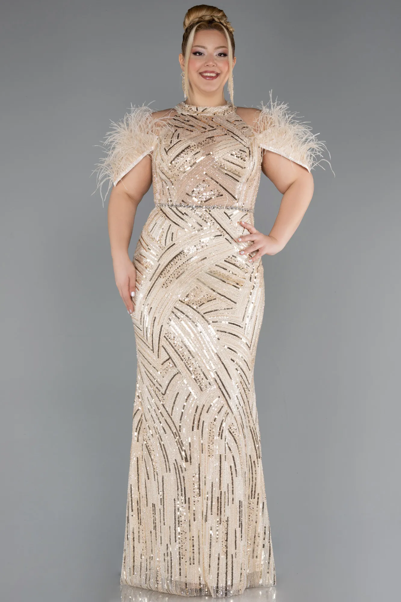 Beige-Long Beaded Plus Size Evening Dress ABU5540